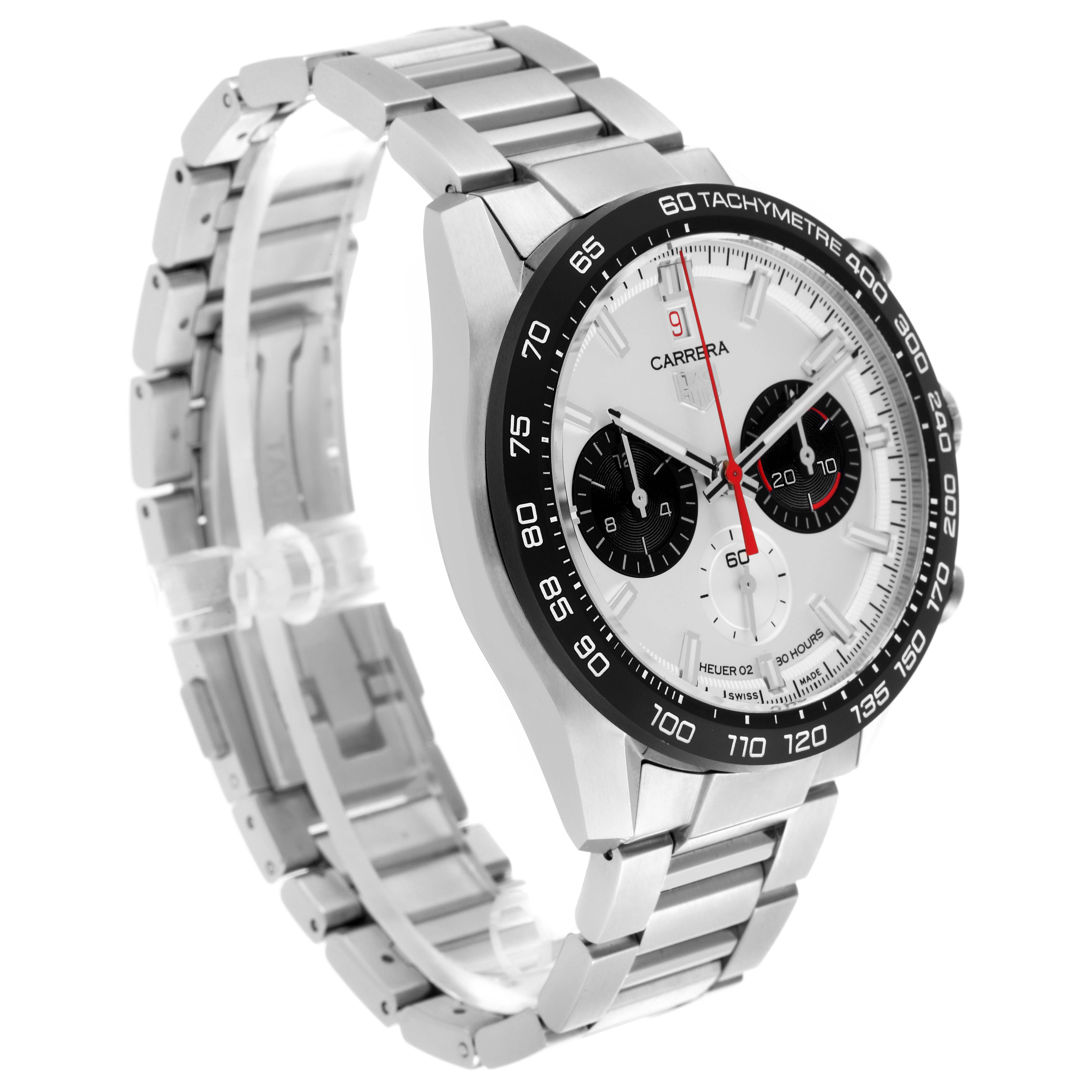 The Tag Heuer Carrera CBN2A1D.BA0643 Men's Stainless Steel Silver Dial CBN2A1D.BA0643 Men's Stainless Steel Silver Dial watch is shown at a three-quarter view highlighting its face, tachymeter bezel, and metal bracelet.