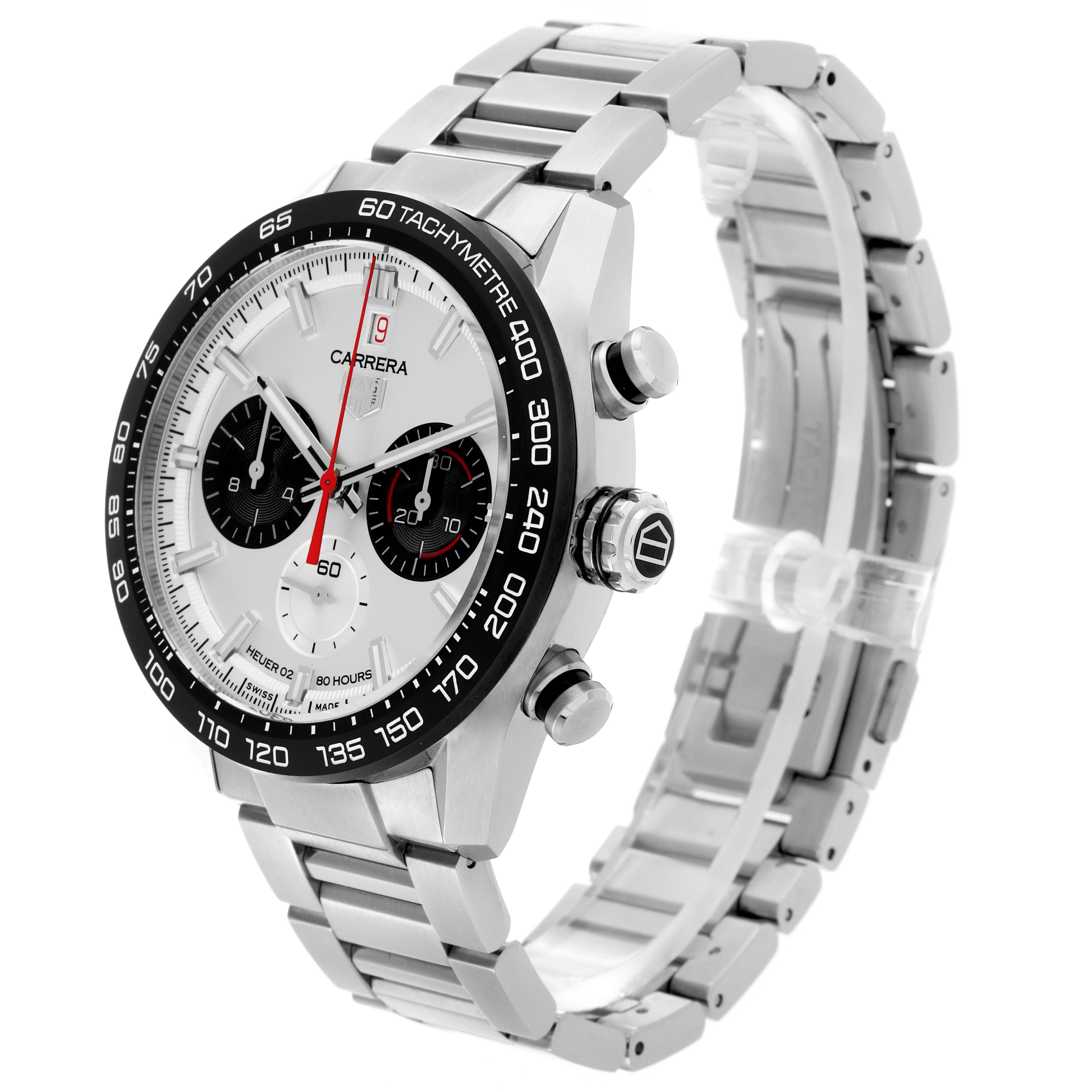 The Tag Heuer Carrera CBN2A1D.BA0643 Men's Stainless Steel Silver Dial CBN2A1D.BA0643 Men's Stainless Steel Silver Dial watch is shown at a three-quarter angle, highlighting the face, crown, pushers, and metal bracelet.