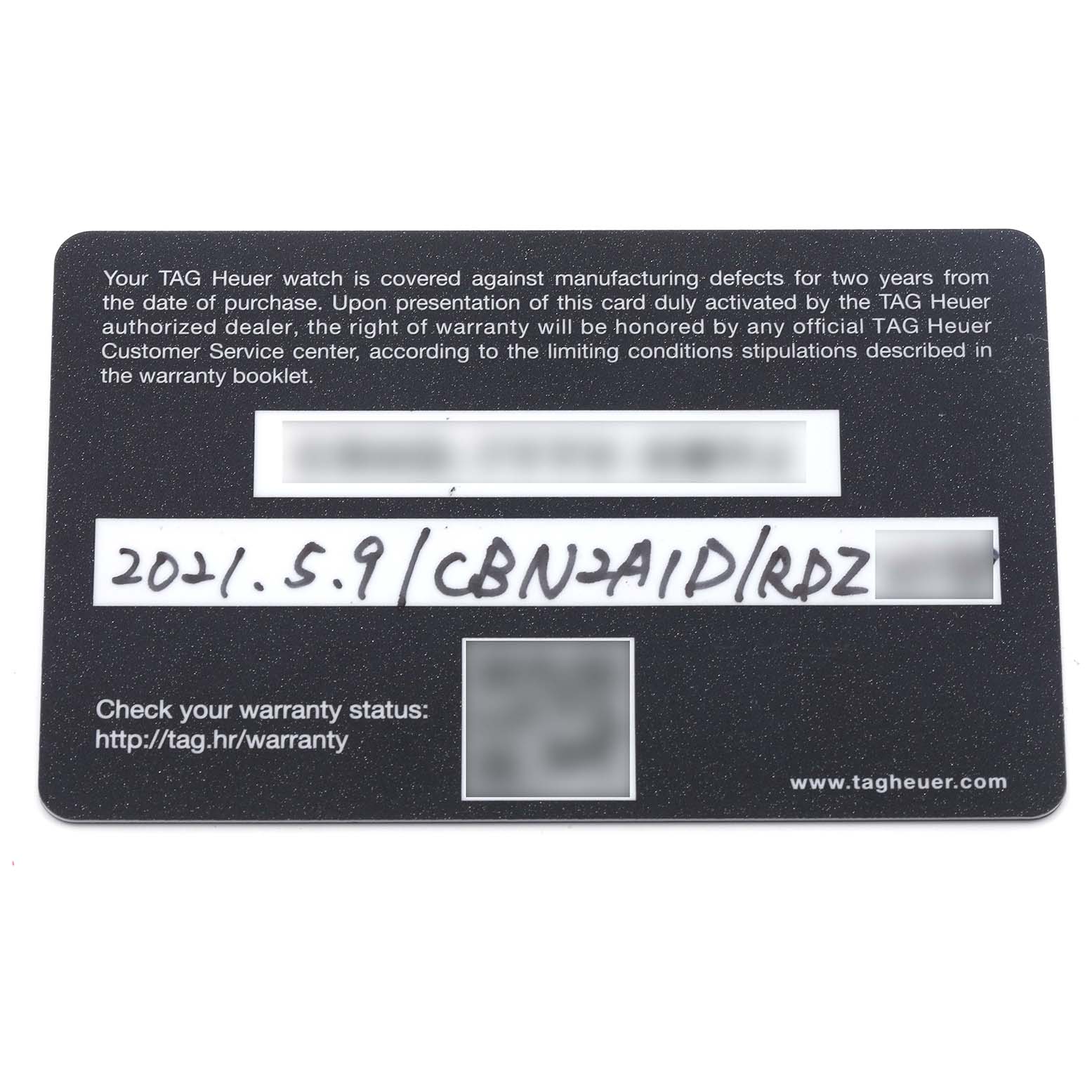 The image shows the warranty card for a Tag Heuer Carrera CBN2A1D.BA0643 Men's Stainless Steel Silver Dial CBN2A1D.BA0643 Men's Stainless Steel Silver Dial watch.