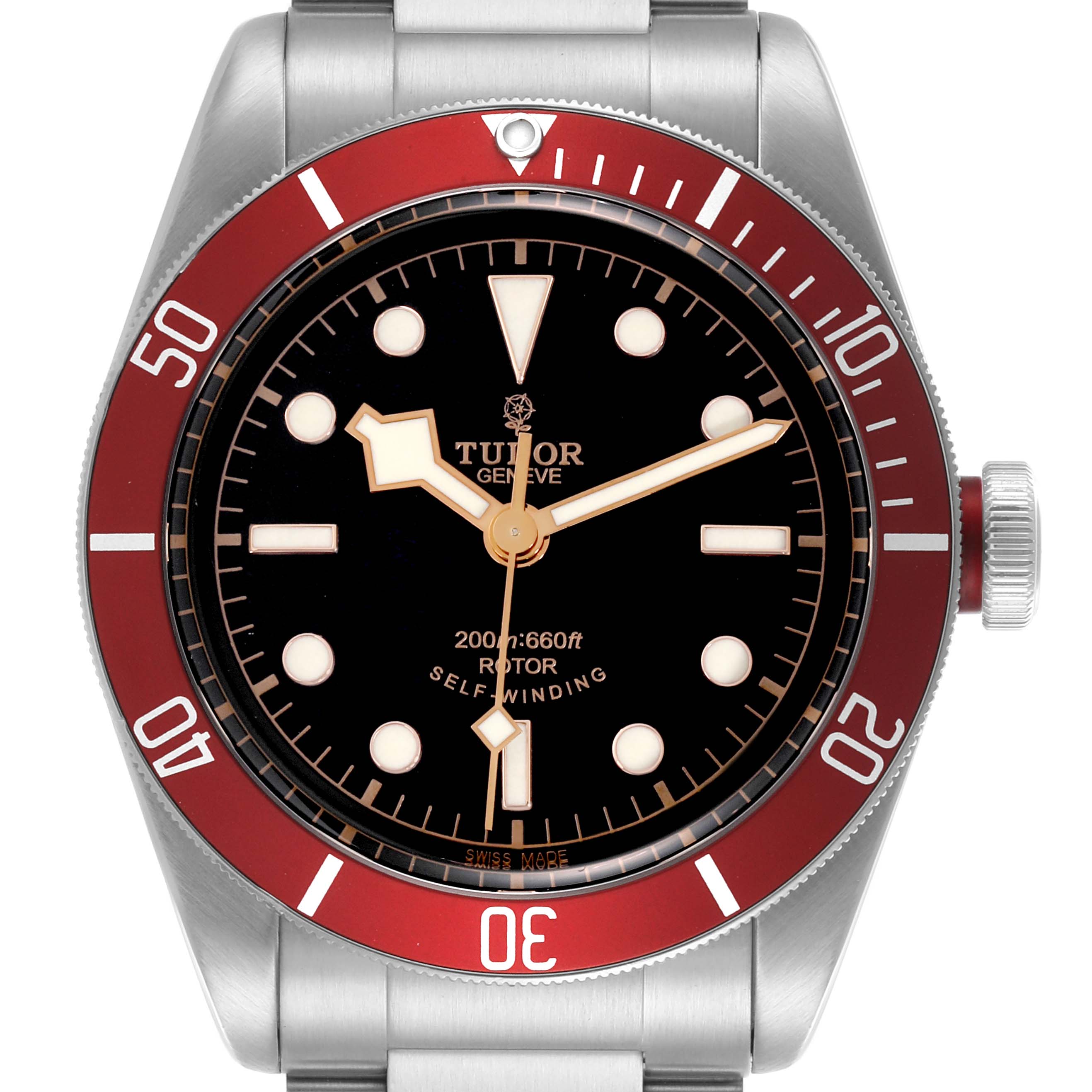 The Tudor Heritage Black Bay 79220R Men
s Stainless Steel Black Dial 79220R Men
s Stainless Steel Black Dial watch is shown from a front angle, highlighting the dial, bezel, and bracelet.