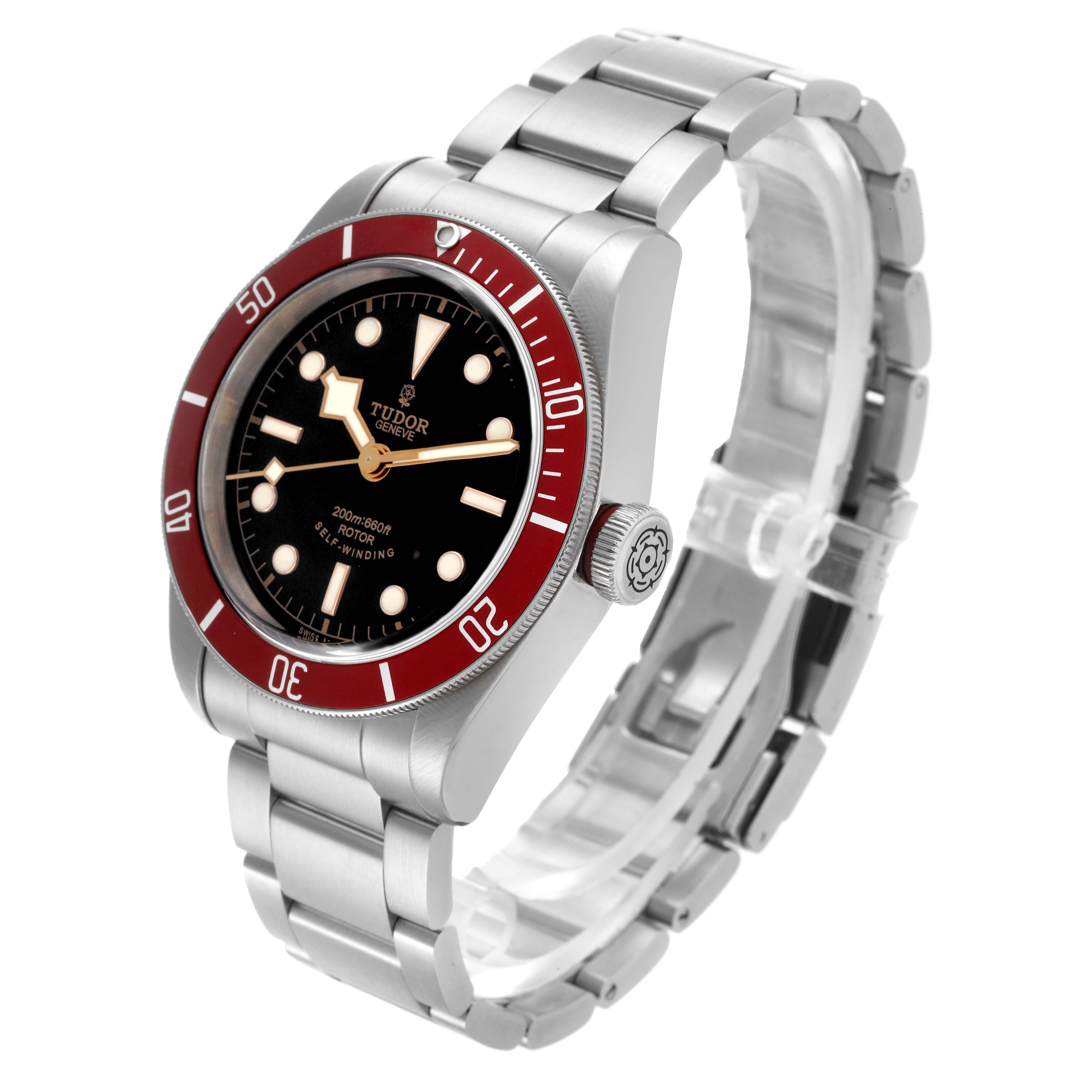 The Tudor Heritage Black Bay 79220R Men
s Stainless Steel Black Dial 79220R Men
s Stainless Steel Black Dial watch is shown at a three-quarter angle, highlighting the face, bezel, and bracelet.