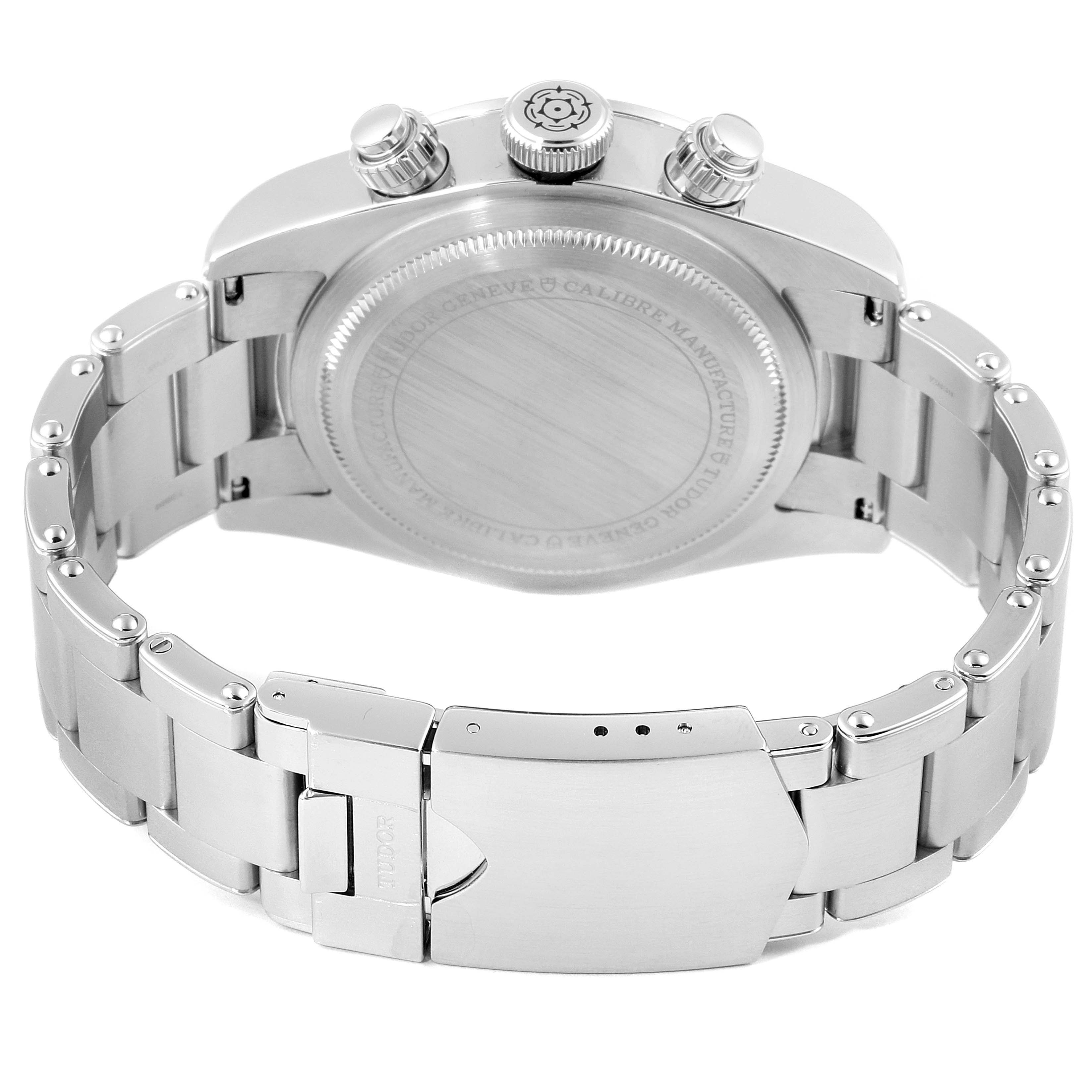 The image shows the back case and bracelet clasp of a Tudor Heritage Black Bay 79350 Men's Stainless Steel Black Dial 79350 Men's Stainless Steel Black Dial watch.