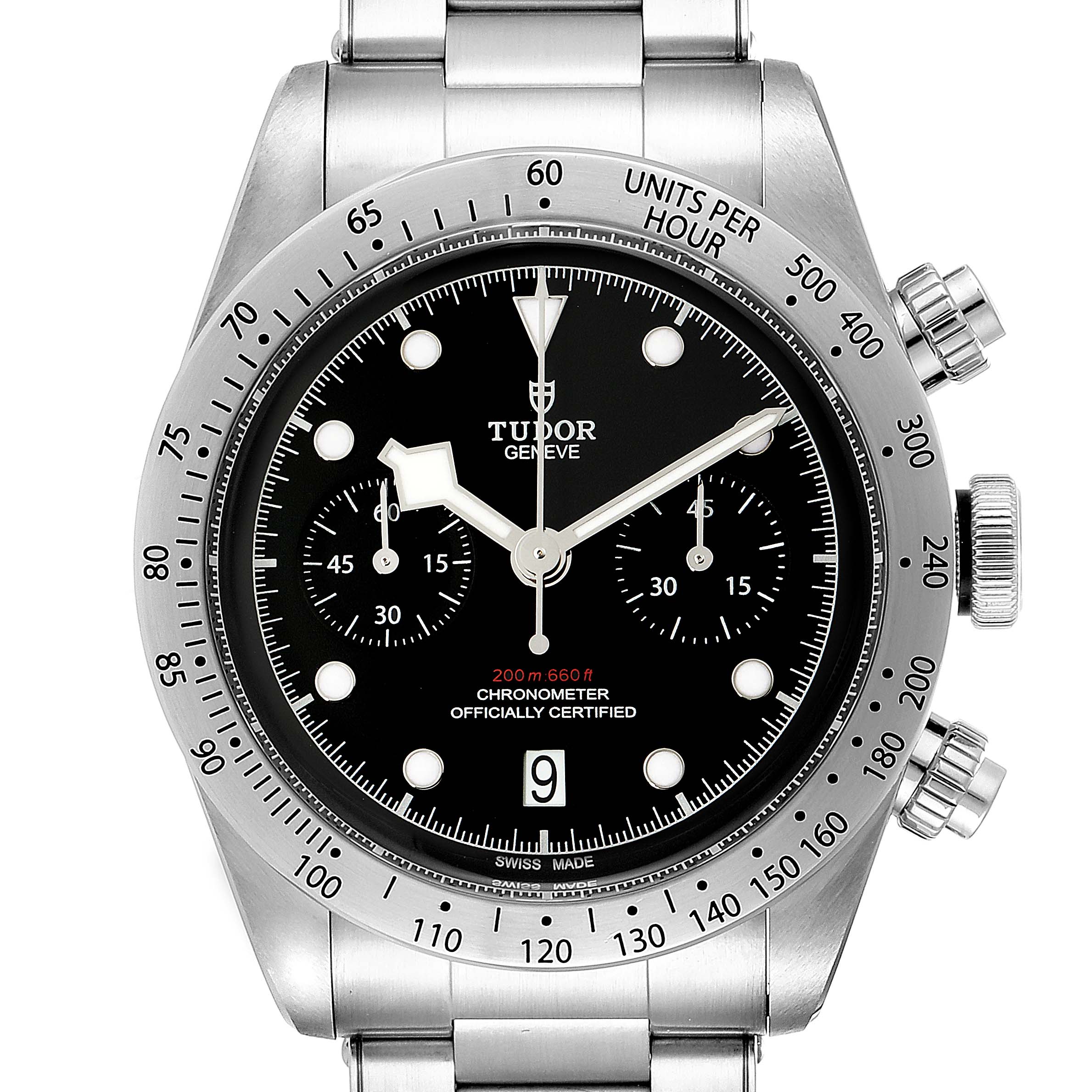 This image shows the face of the Tudor Heritage Black Bay 79350 Men's Stainless Steel Black Dial 79350 Men's Stainless Steel Black Dial watch with its chronograph features and metal bracelet.