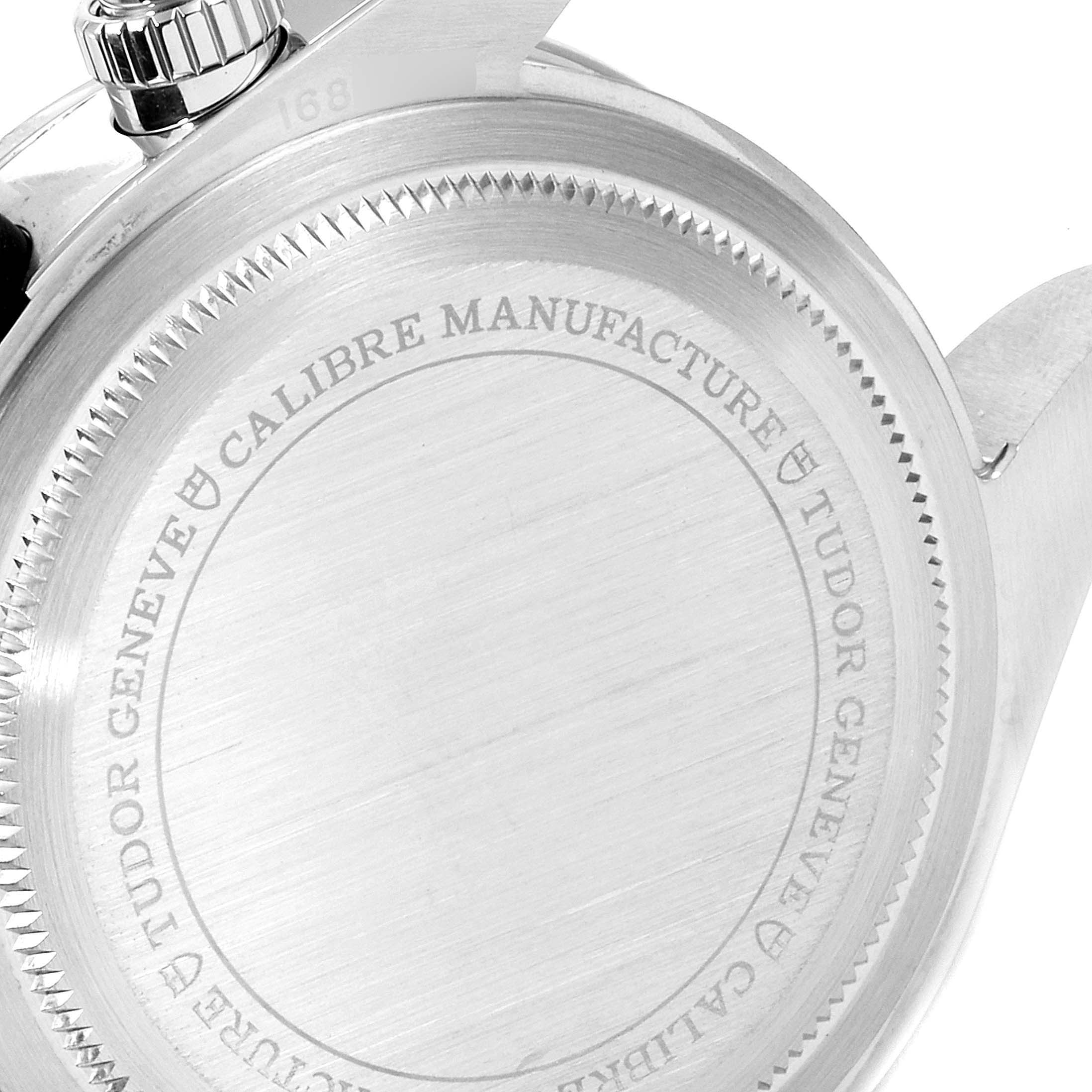 This image shows the case back and part of the crown of the Tudor Heritage Black Bay 79350 Men's Stainless Steel Black Dial 79350 Men's Stainless Steel Black Dial watch.