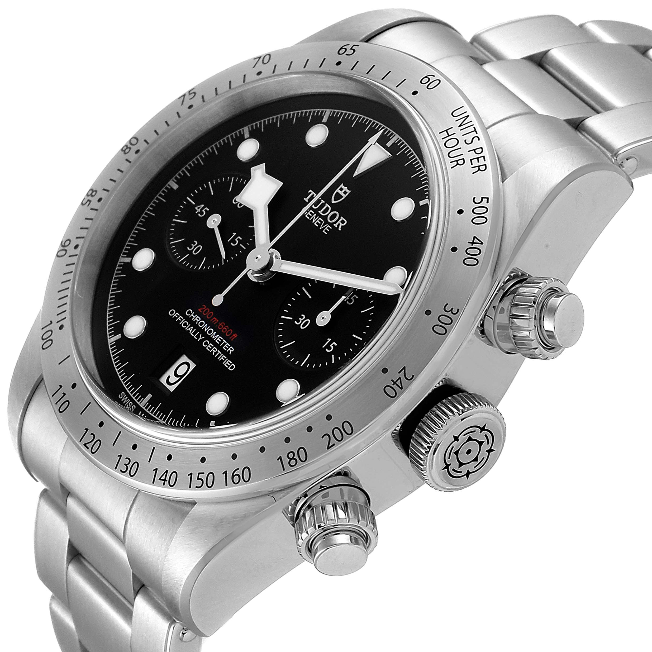 This image shows a Tudor Heritage Black Bay 79350 Men's Stainless Steel Black Dial 79350 Men's Stainless Steel Black Dial watch at an angle, highlighting its dial, bezel, and side crown.