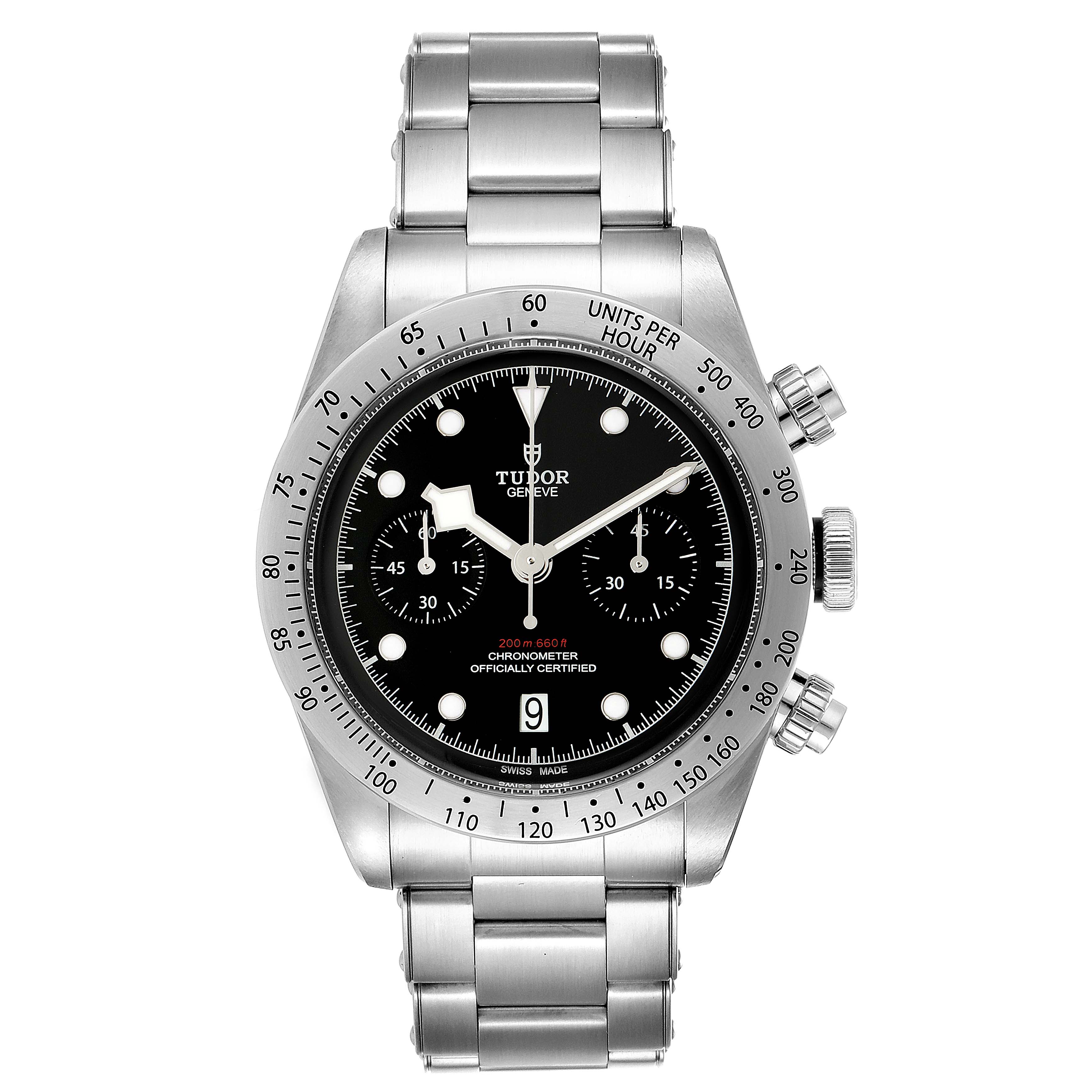 The image shows a front view of the Tudor Heritage Black Bay 79350 Men's Stainless Steel Black Dial 79350 Men's Stainless Steel Black Dial watch, highlighting its stainless steel bracelet and black dial.