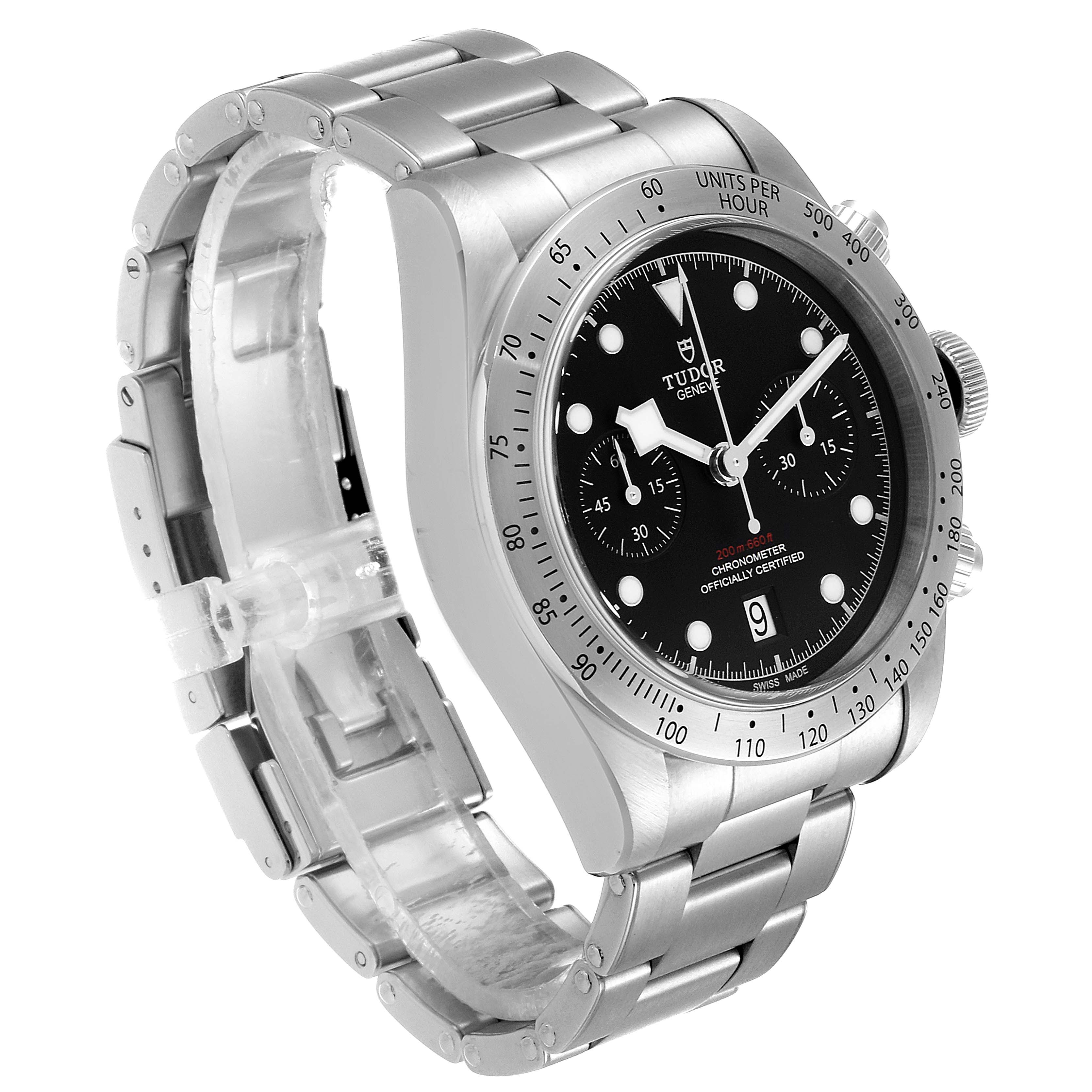 The Tudor Heritage Black Bay 79350 Men's Stainless Steel Black Dial 79350 Men's Stainless Steel Black Dial watch is shown at a three-quarter angle, highlighting its dial, bezel, and metal bracelet.
