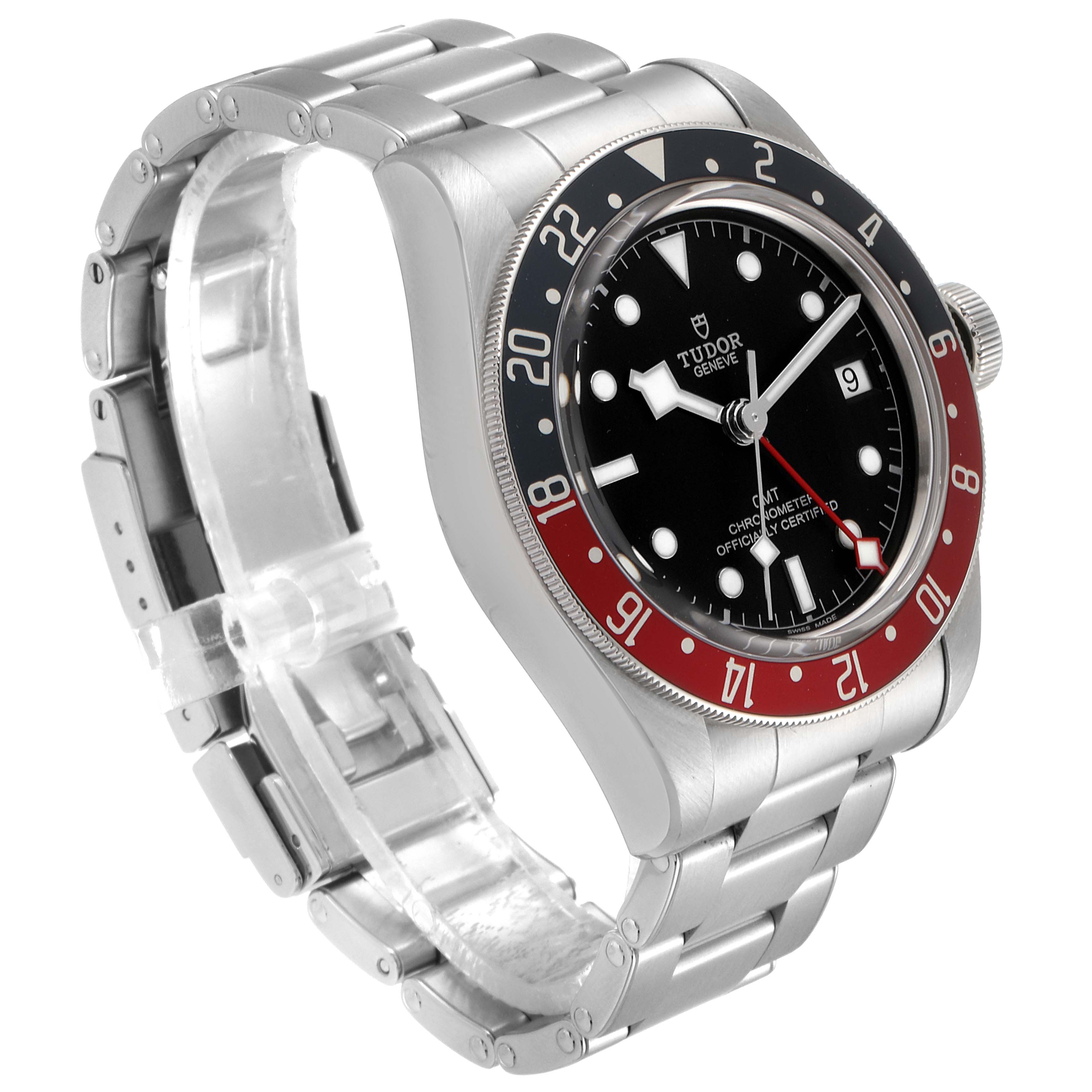 The image shows a side-angle view of a Tudor Heritage Black Bay 79830RB Men
s Stainless Steel Black Dial 79830RB Men
s Stainless Steel Black Dial watch, displaying the case, bezel, dial, and bracelet.