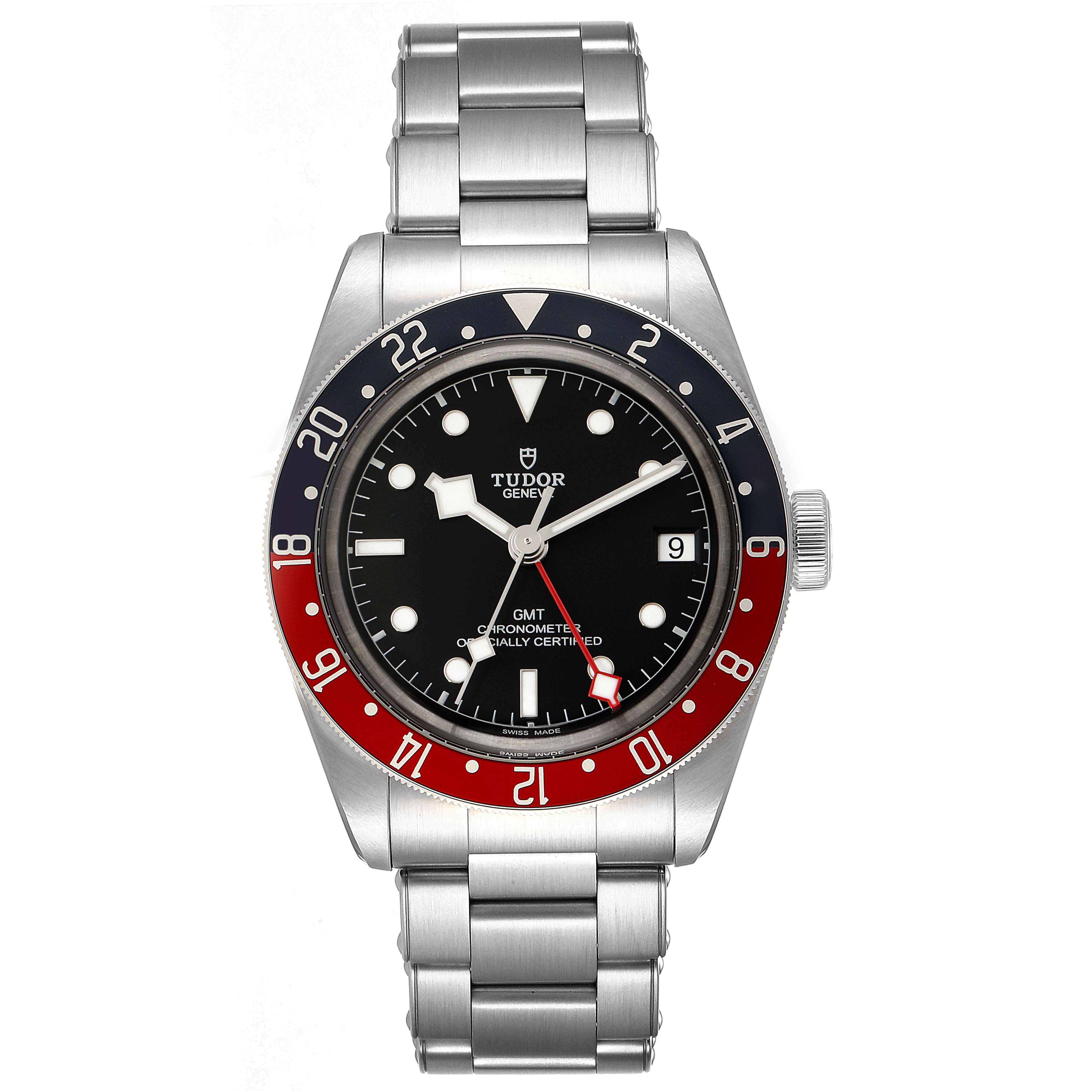 This image shows a front view of the Tudor Heritage Black Bay 79830RB Men
s Stainless Steel Black Dial 79830RB Men
s Stainless Steel Black Dial watch, highlighting the dial, bezel, and bracelet.