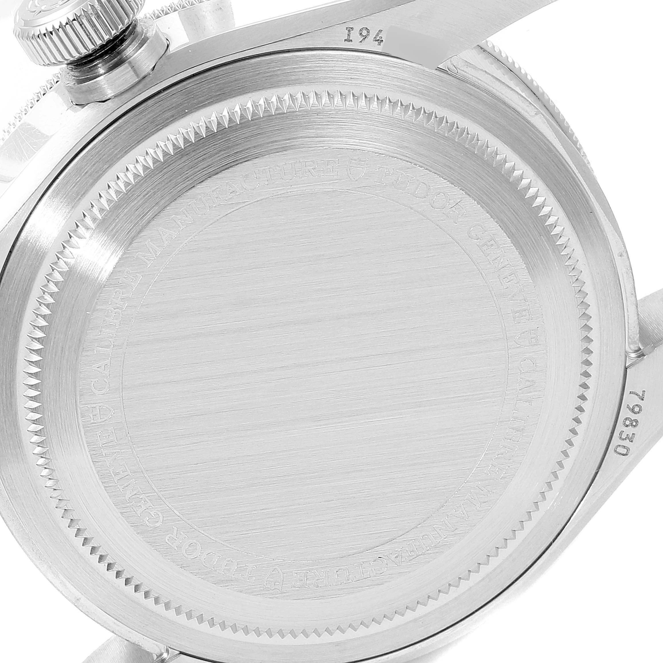 This image shows the case back and crown of the Tudor Heritage Black Bay 79830RB Men
s Stainless Steel Black Dial 79830RB Men
s Stainless Steel Black Dial model from an angled view.