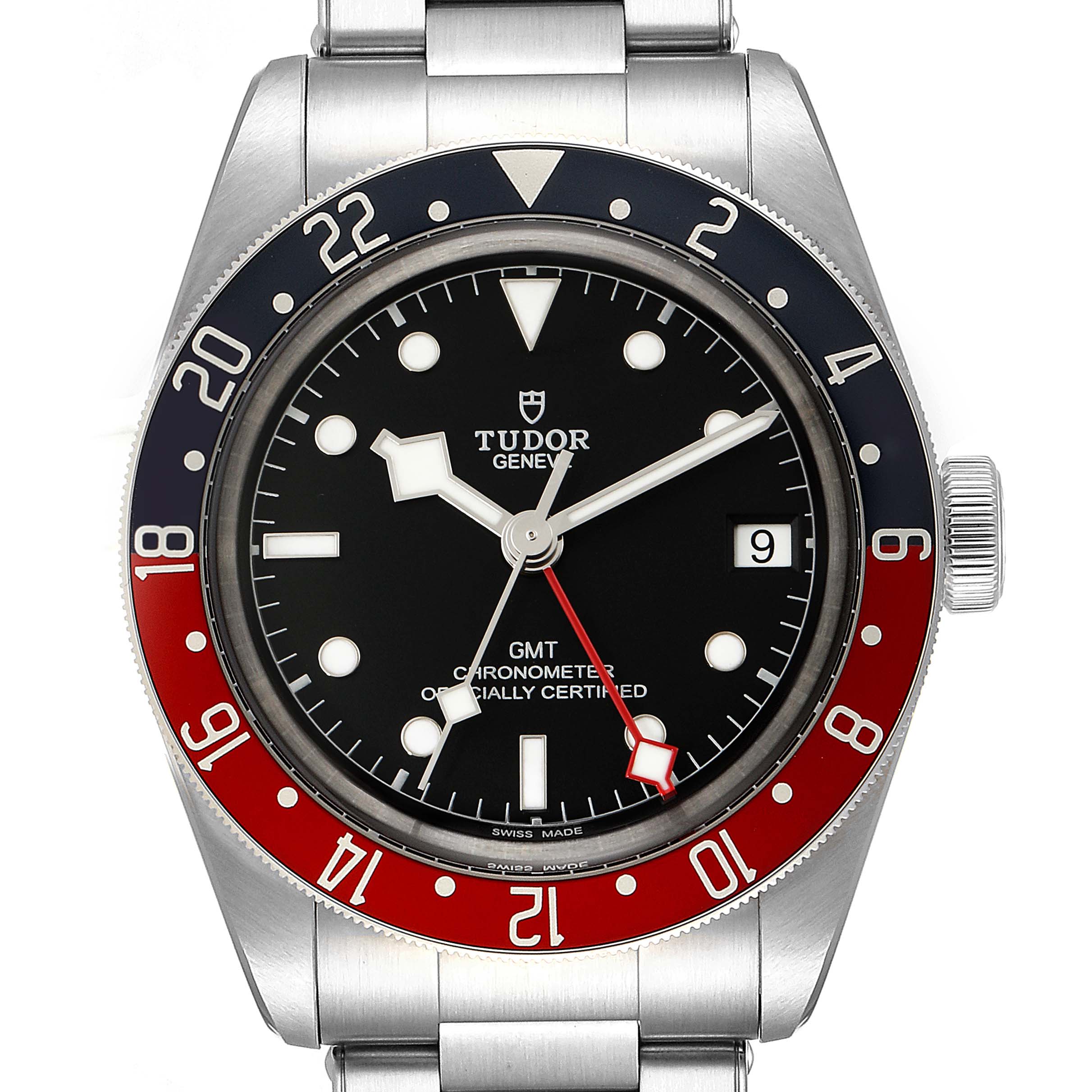 This Tudor Heritage Black Bay 79830RB Men
s Stainless Steel Black Dial 79830RB Men
s Stainless Steel Black Dial watch is shown from the front, displaying its bezel, dial, hands, and bracelet.