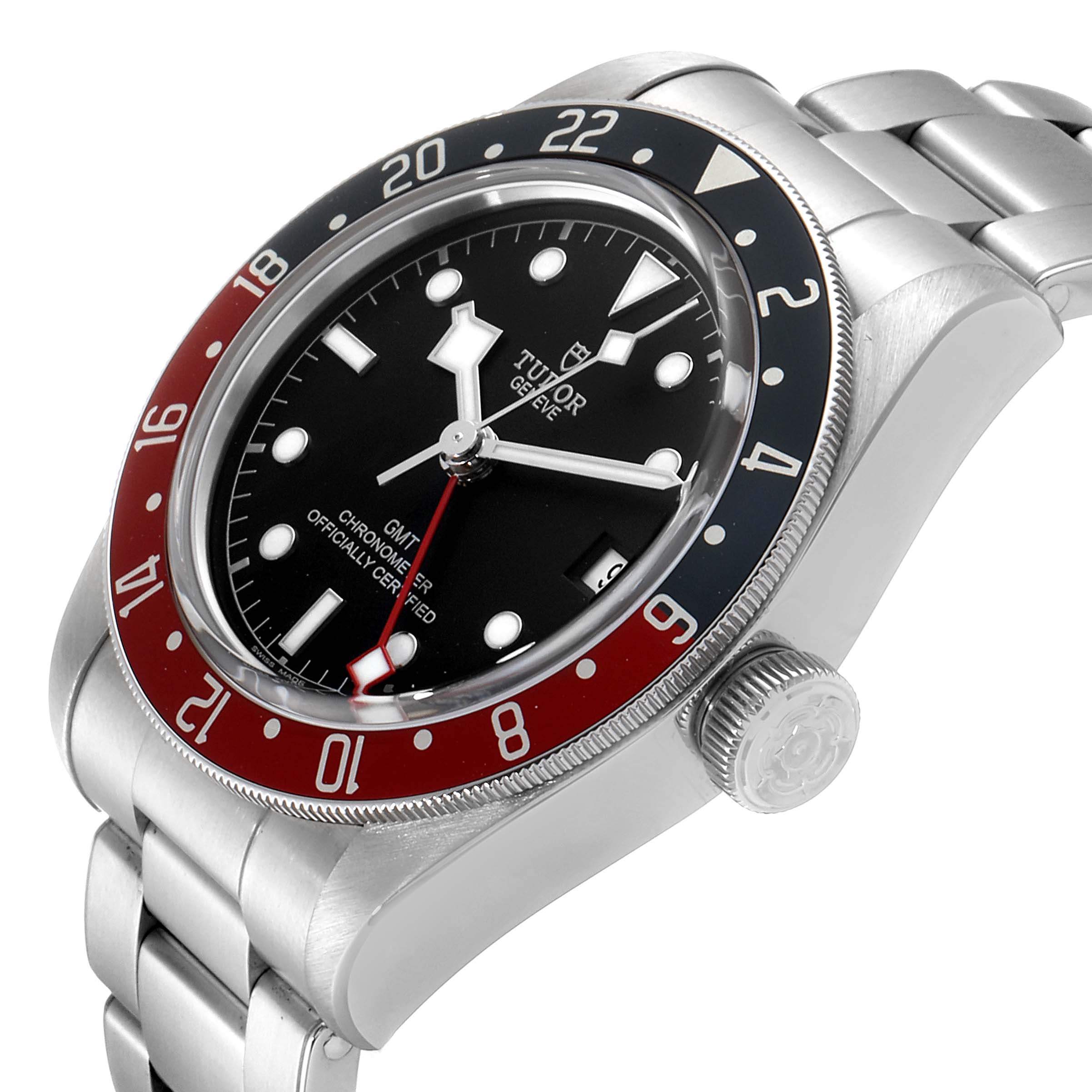 The image shows a Tudor Heritage Black Bay 79830RB Men
s Stainless Steel Black Dial 79830RB Men
s Stainless Steel Black Dial watch at an angle highlighting the face, crown, bezel, and part of the bracelet.