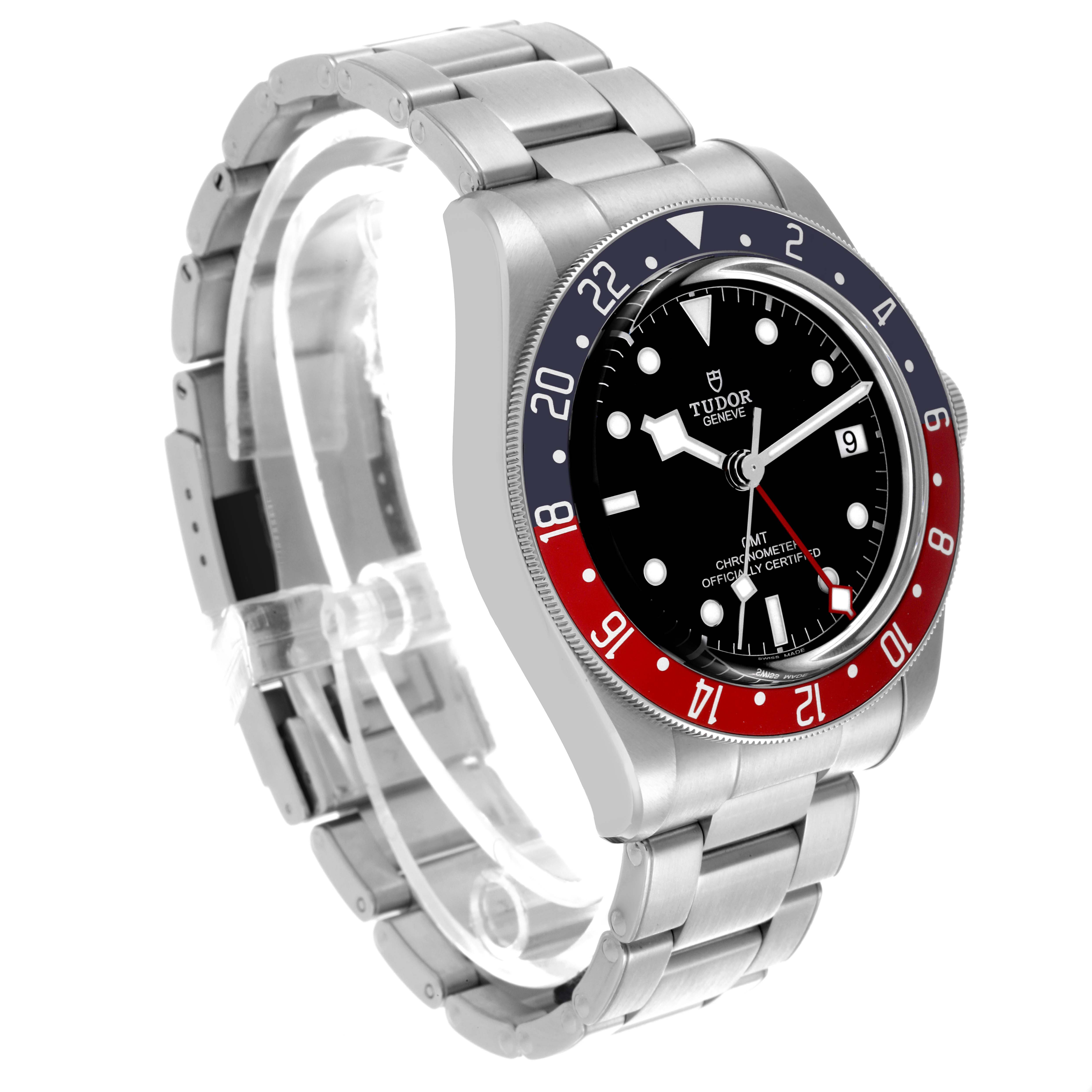 The Tudor Heritage Black Bay 79830RB Men's Stainless Steel Black Dial 79830RB Men's Stainless Steel Black Dial watch is shown at a three-quarter angle, highlighting the bezel, dial, and bracelet.