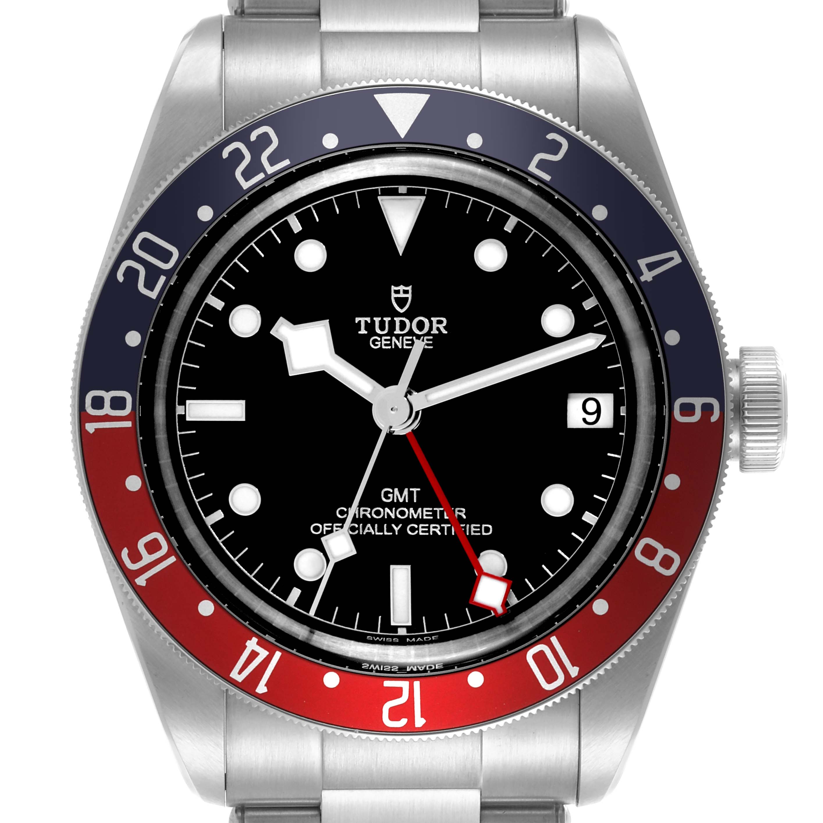 The Tudor Heritage Black Bay 79830RB Men's Stainless Steel Black Dial 79830RB Men's Stainless Steel Black Dial watch is shown in a front angle, highlighting the face, bezel, and crown.
