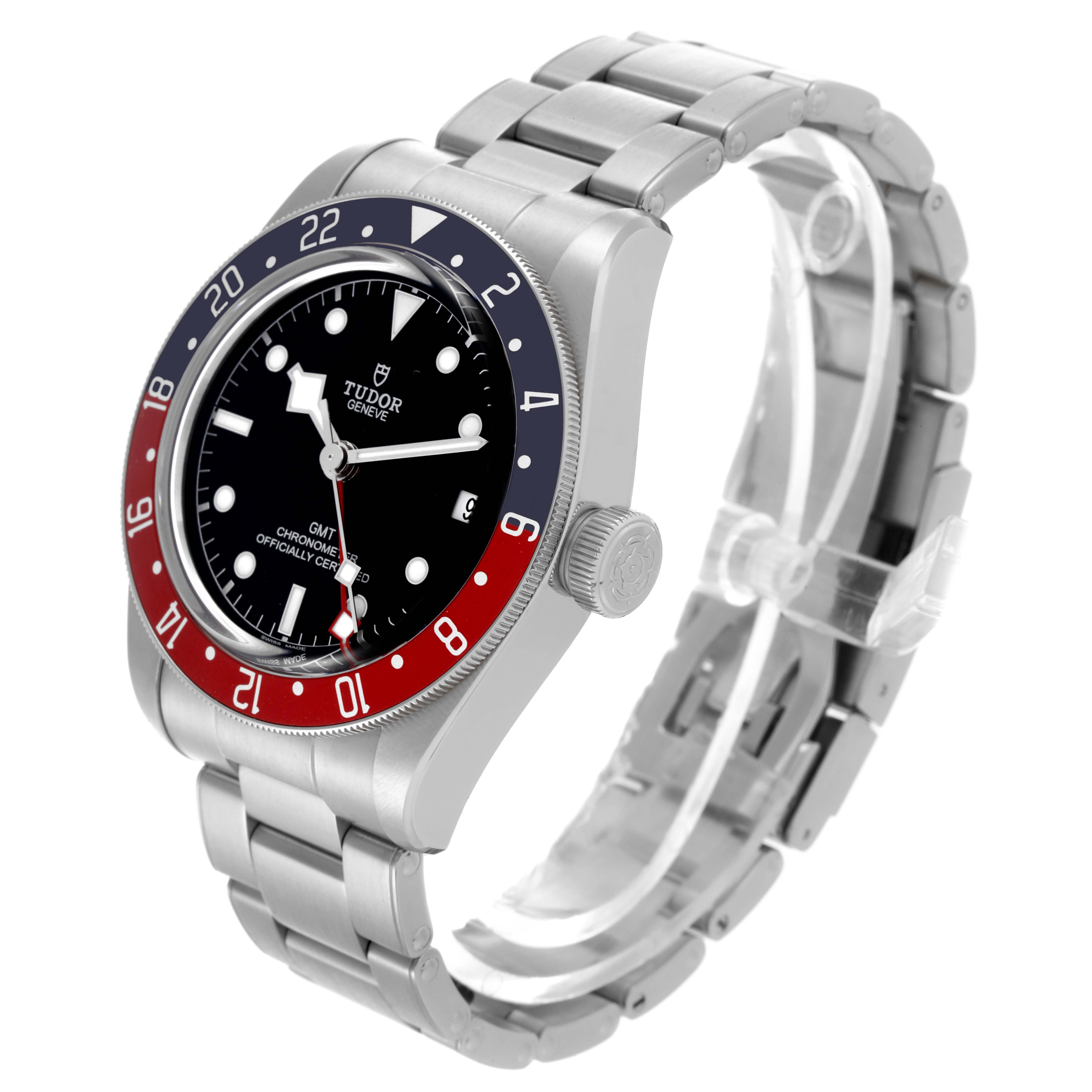 The Tudor Heritage Black Bay 79830RB Men's Stainless Steel Black Dial 79830RB Men's Stainless Steel Black Dial watch is shown at a three-quarter angle, highlighting the bezel, dial, crown, and bracelet.