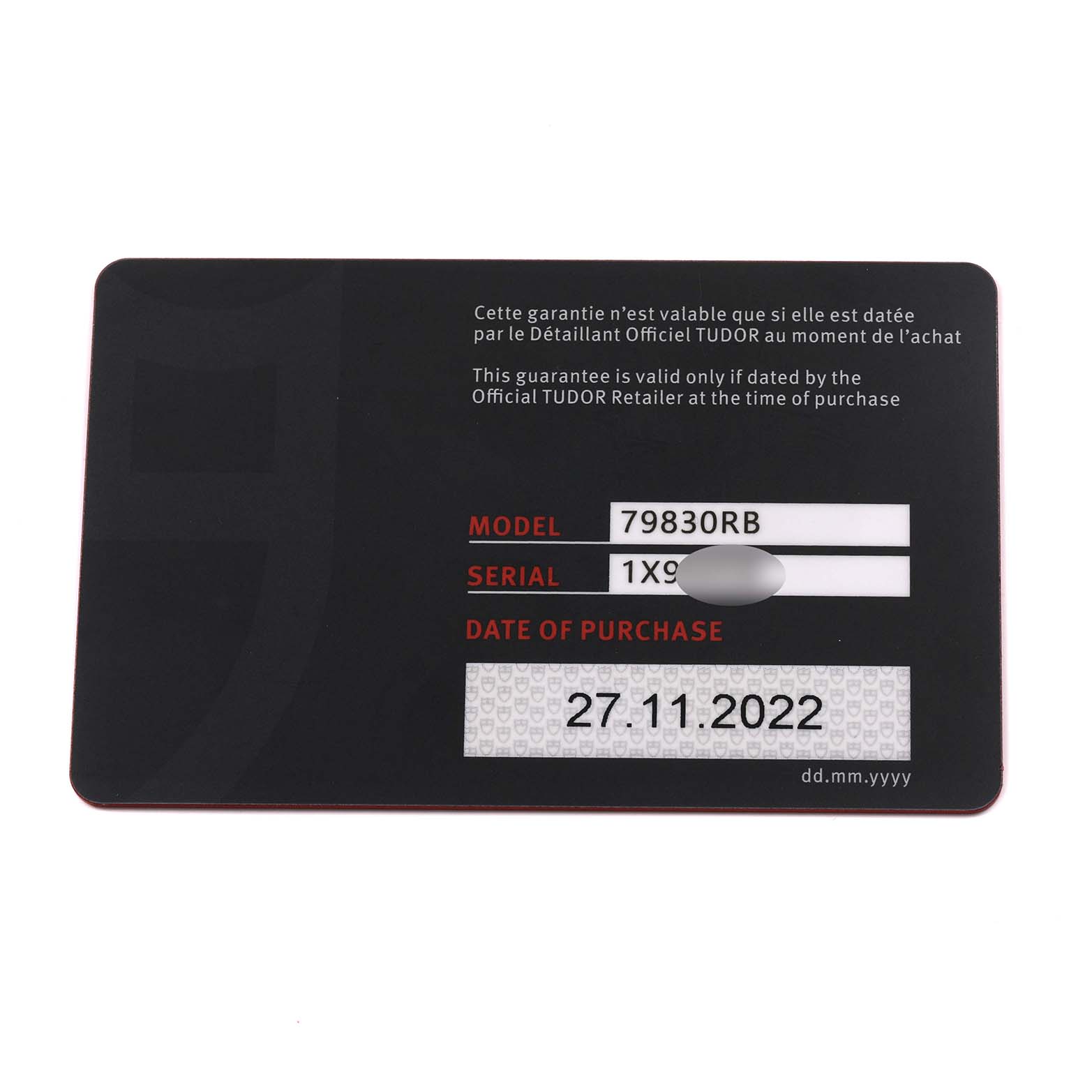 The image shows the warranty card for the Tudor Heritage Black Bay 79830RB Men's Stainless Steel Black Dial 79830RB Men's Stainless Steel Black Dial watch, detailing the model, serial number, and purchase date.