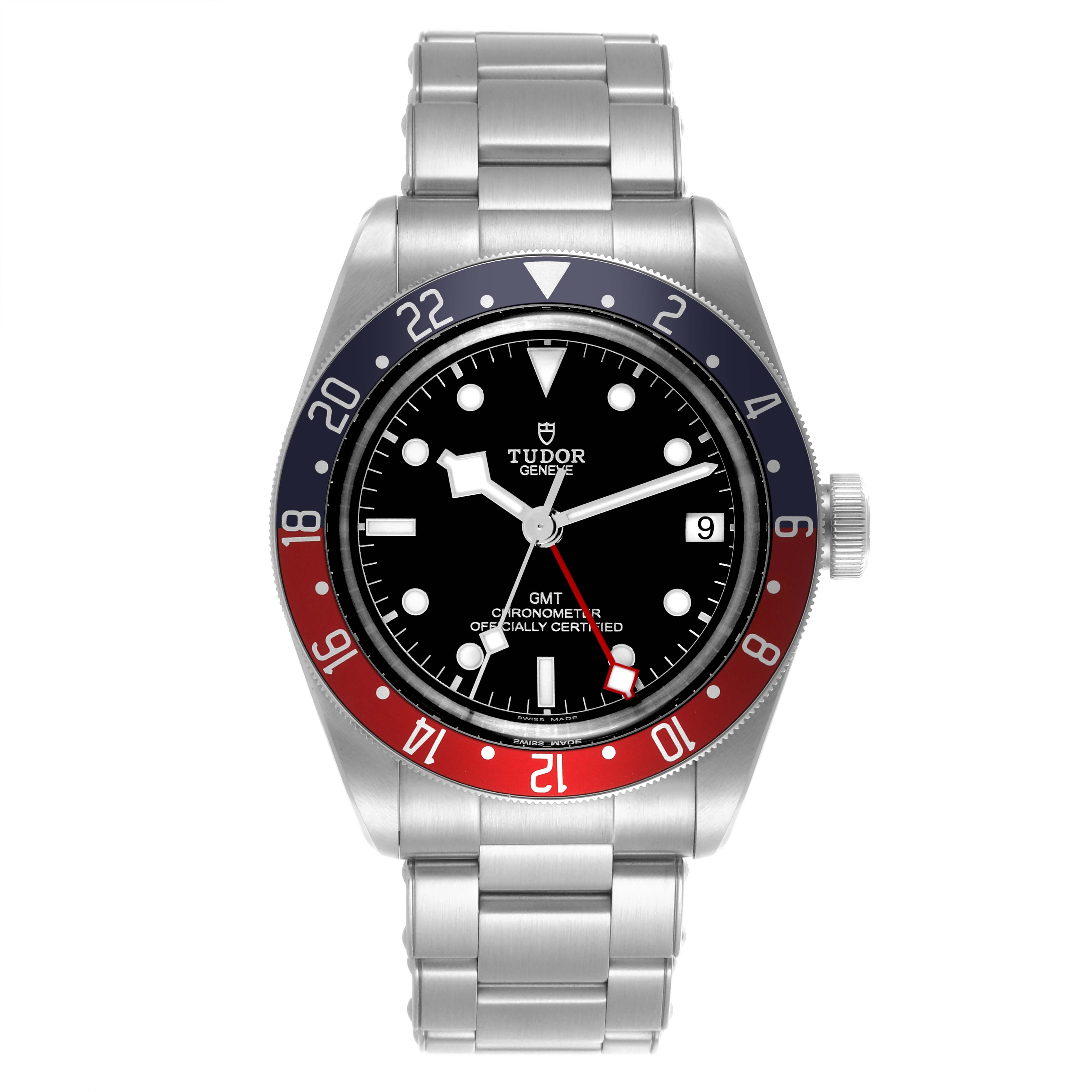 The Tudor Heritage Black Bay 79830RB Men's Stainless Steel Black Dial 79830RB Men's Stainless Steel Black Dial watch is shown from the front, displaying the dial, bezel, and bracelet.