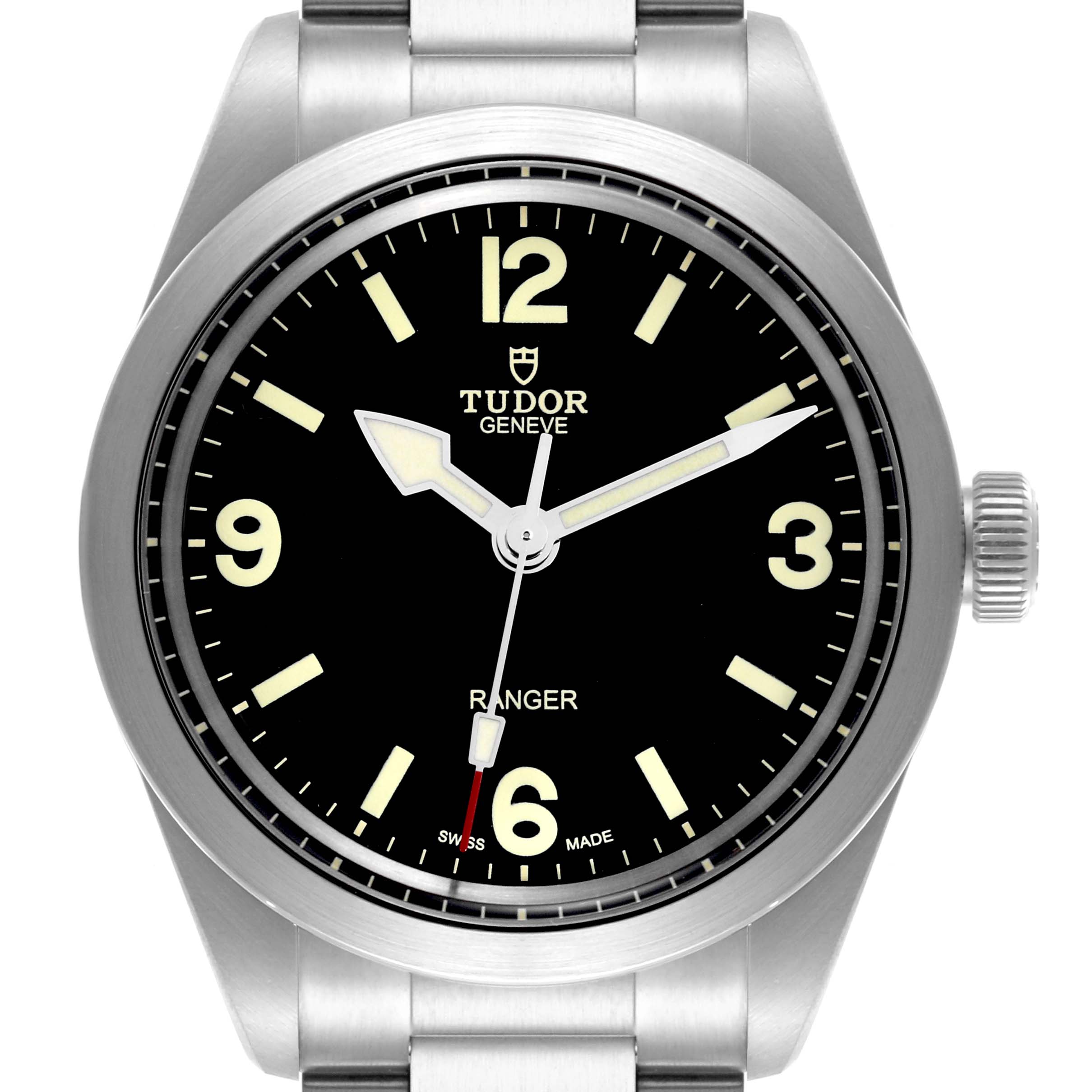 The Tudor Monarch 79950-0001 Men's Stainless Steel Black Dial 79950-0001 Men's Stainless Steel Black Dial watch is shown from the front, displaying its dial, hands, bezel, and part of the bracelet.