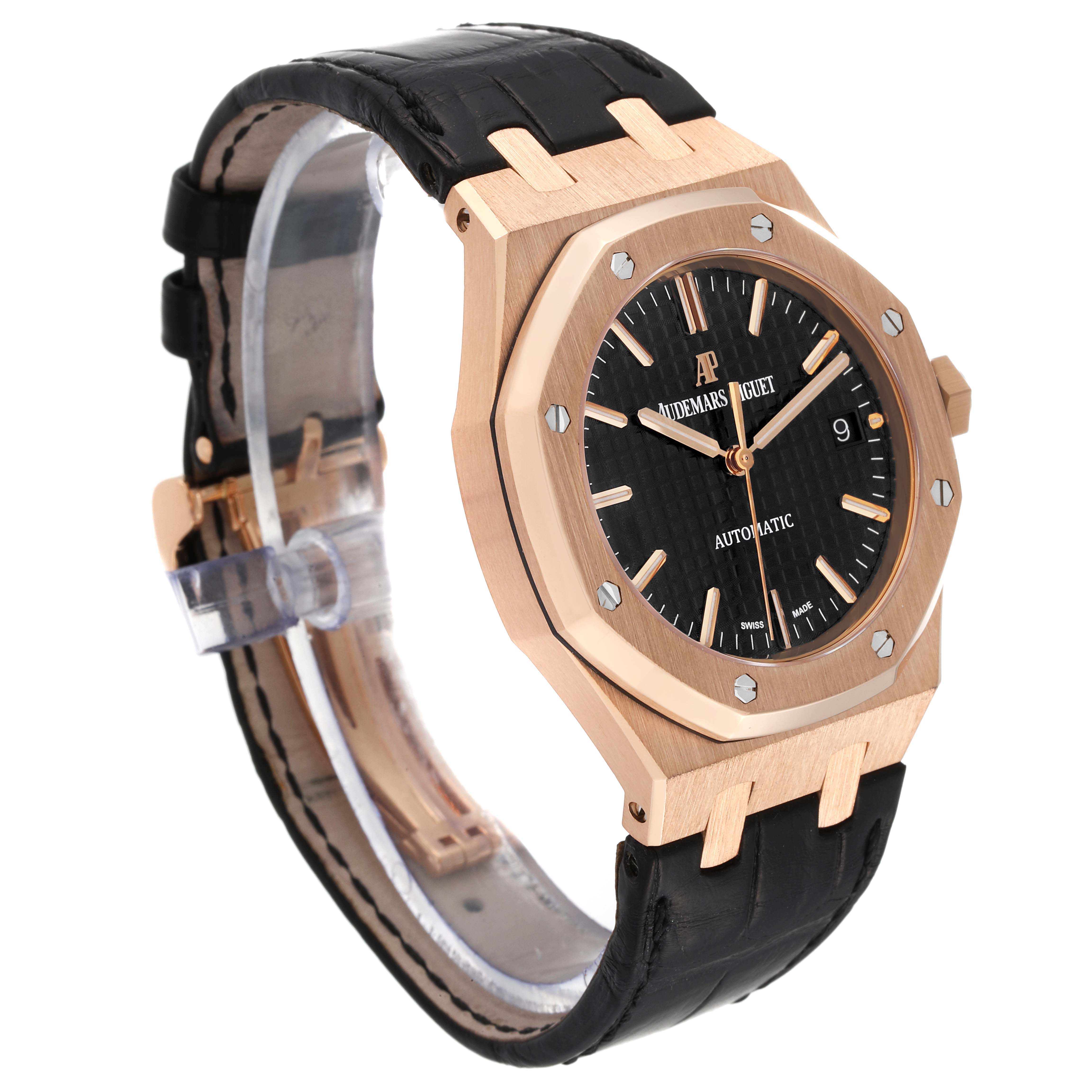 The image shows the Audemars Piguet Royal Oak 15450OR.OO.D088CR.01 Men's Rose Gold Black Dial 15450OR.OO.D088CR.01 Men's Rose Gold Black Dial watch from an angled side view, highlighting the black leather strap and octagonal bezel.