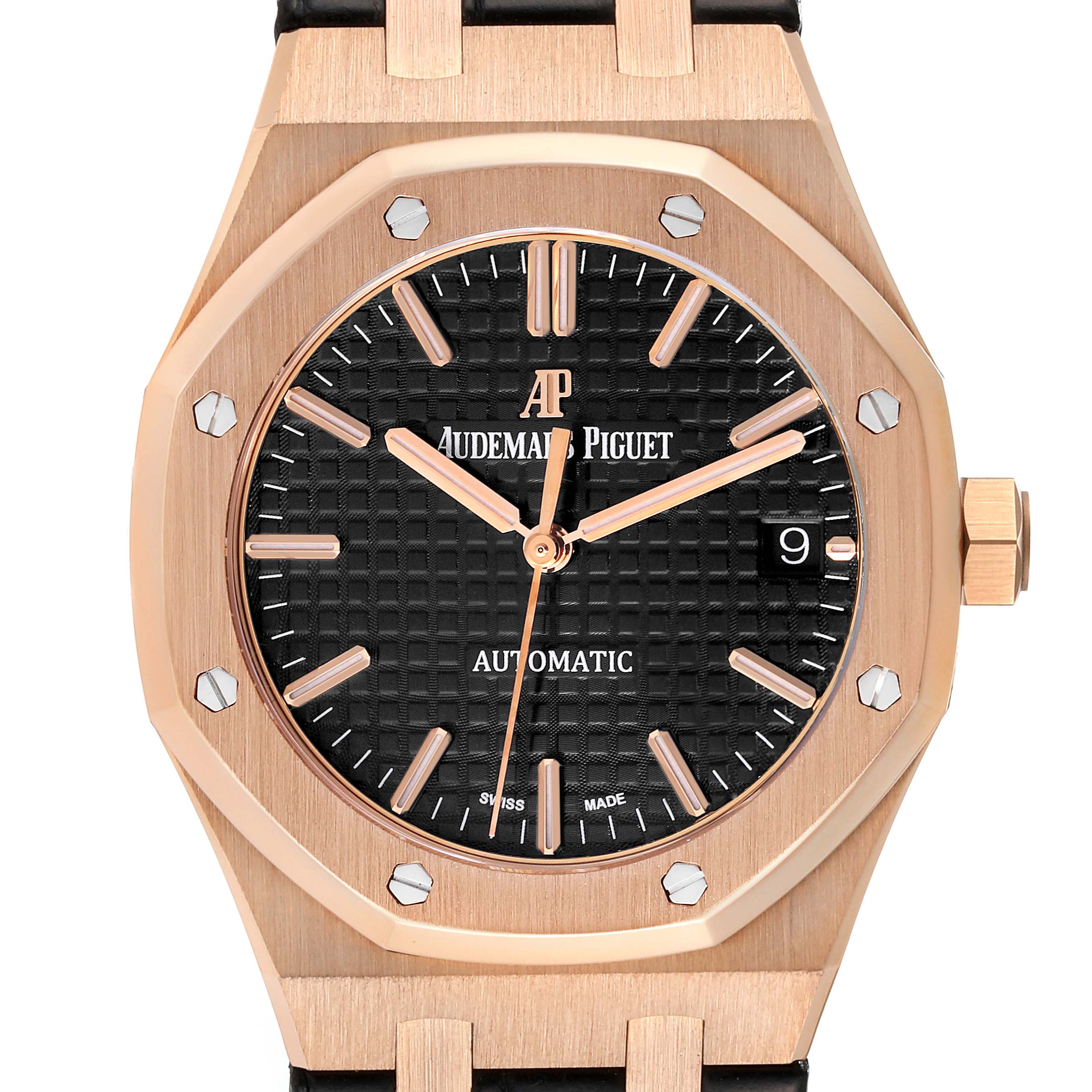 The image shows a front view of the Audemars Piguet Royal Oak 15450OR.OO.D088CR.01 Men's Rose Gold Black Dial 15450OR.OO.D088CR.01 Men's Rose Gold Black Dial watch, displaying the face, bezel, hands, crown, and part of the strap.