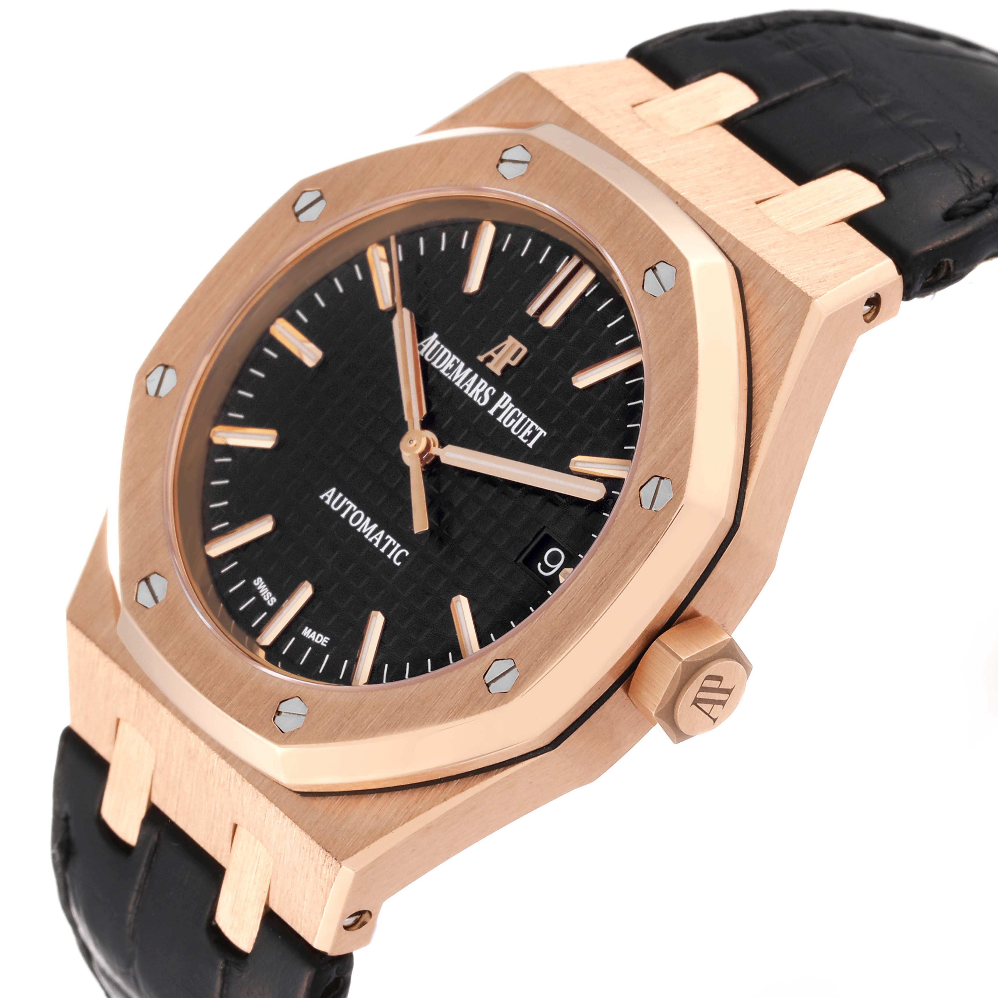 The image shows a Royal Oak watch by Audemars Piguet from an angled view, highlighting the dial, bezel, case, crown, and strap.
