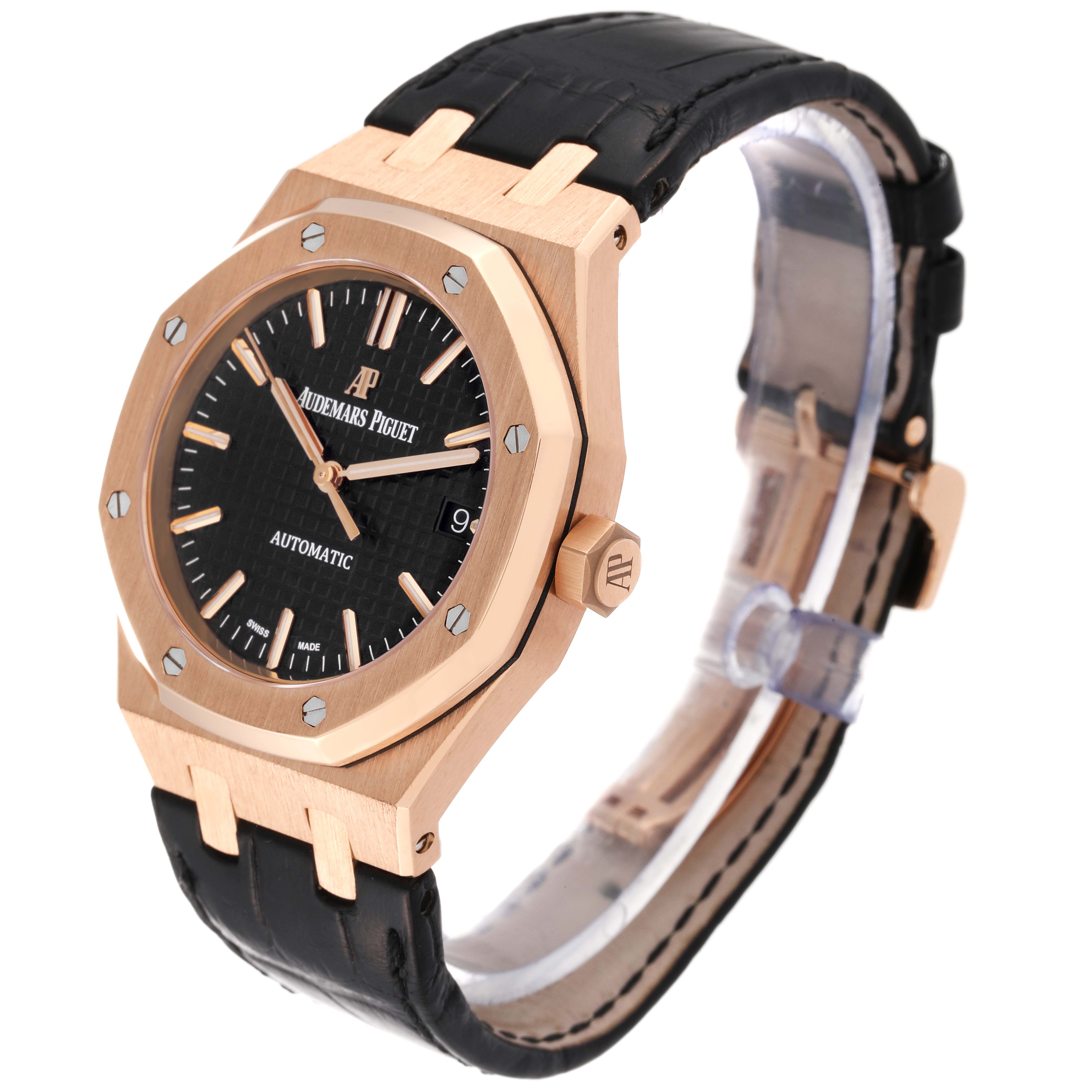 The image shows an angled view of a Royal Oak by Audemars Piguet, highlighting the dial, bezel, crown, and strap.