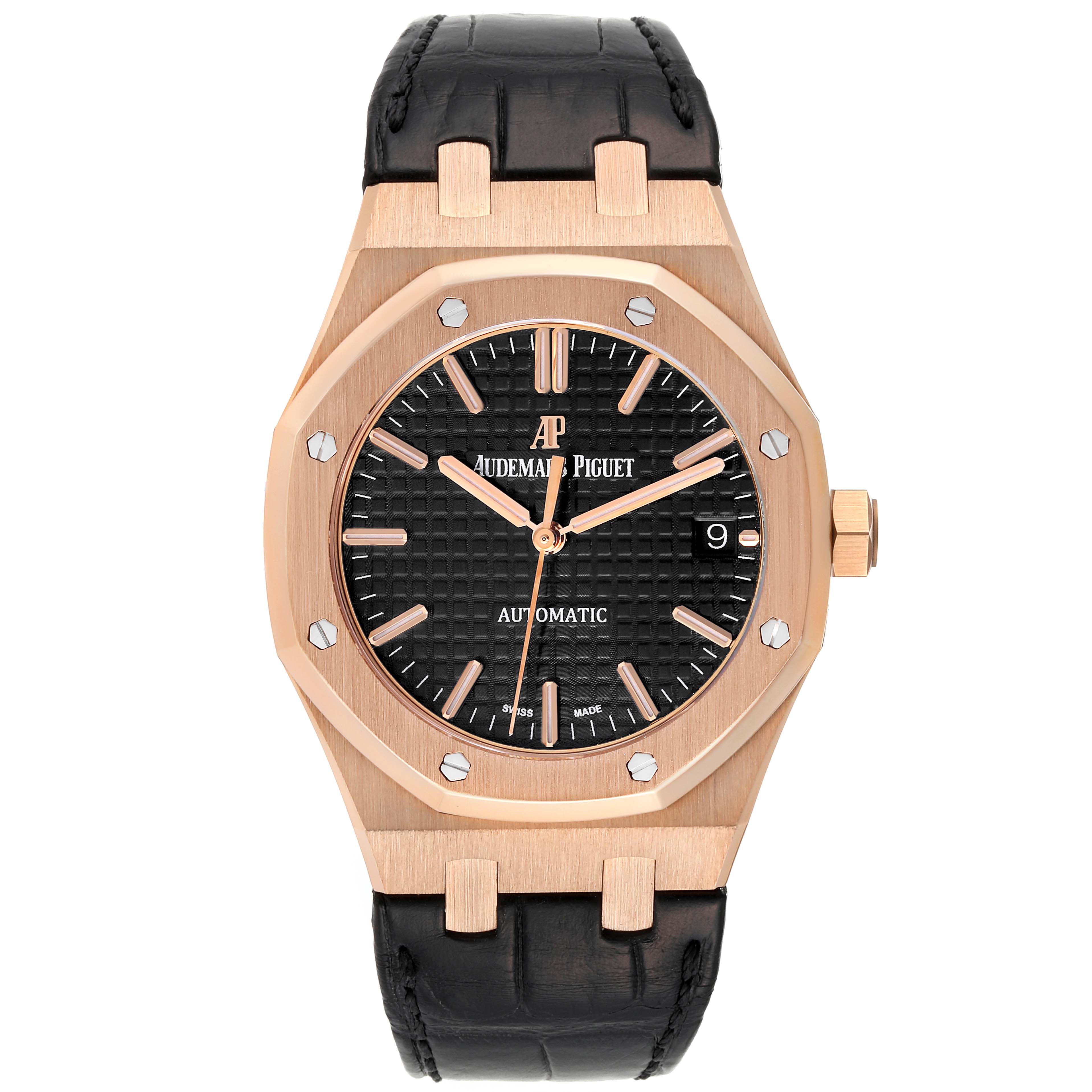 This image shows a front view of the Audemars Piguet Royal Oak 15450OR.OO.D088CR.01 Men's Rose Gold Black Dial 15450OR.OO.D088CR.01 Men's Rose Gold Black Dial watch, highlighting its black dial, rose gold case, and black leather strap.