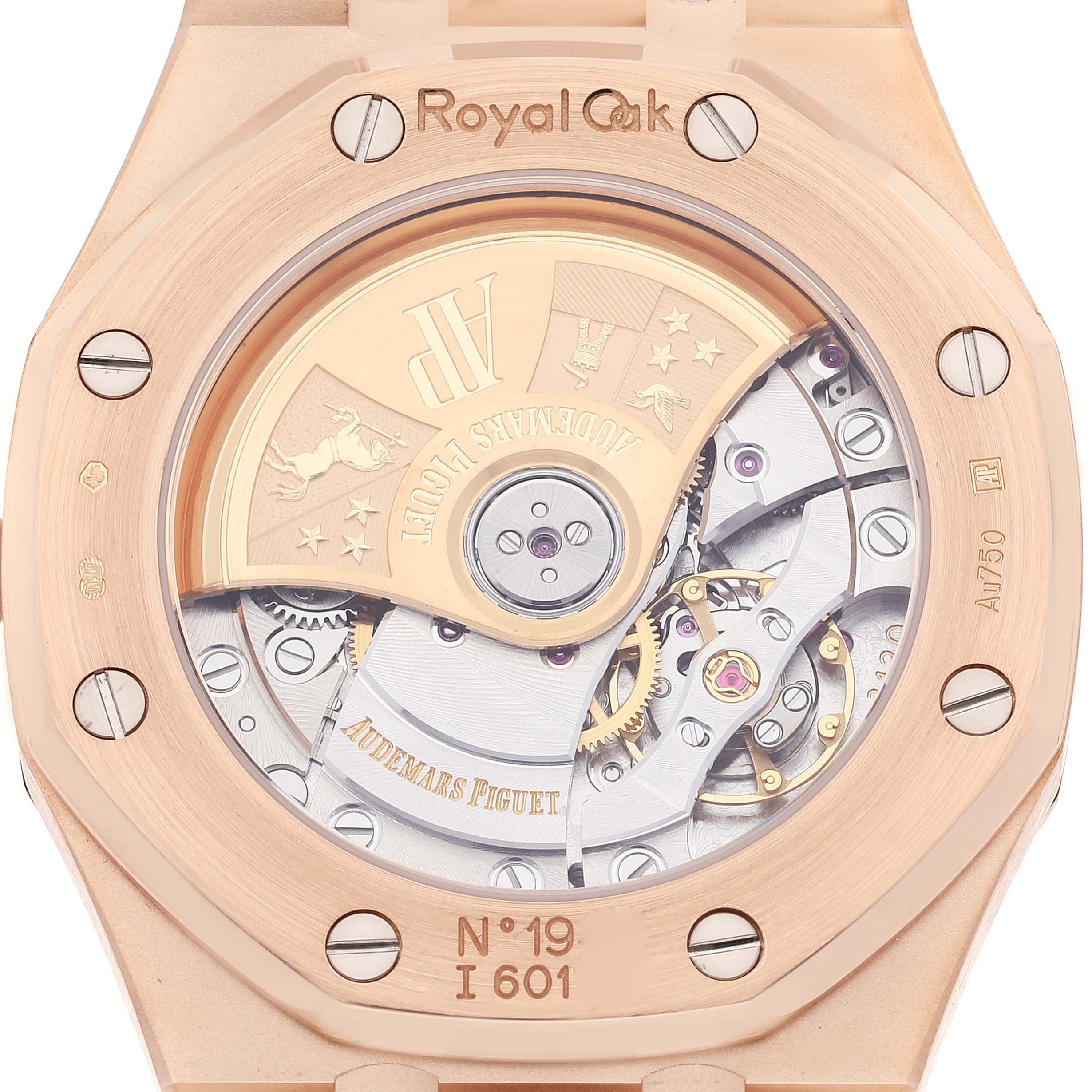 This image shows the caseback and visible movement of a Royal Oak model watch by Audemars Piguet.