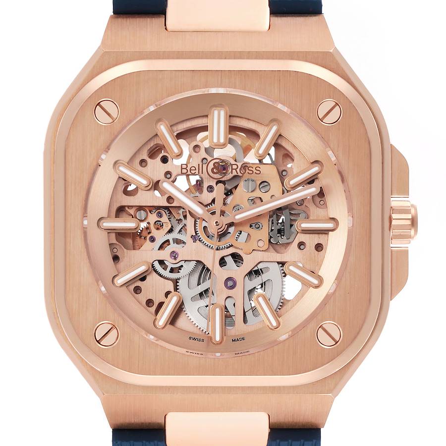 The Bell & Ross Urban model watch is shown from the front, highlighting its skeleton dial and rose gold case.