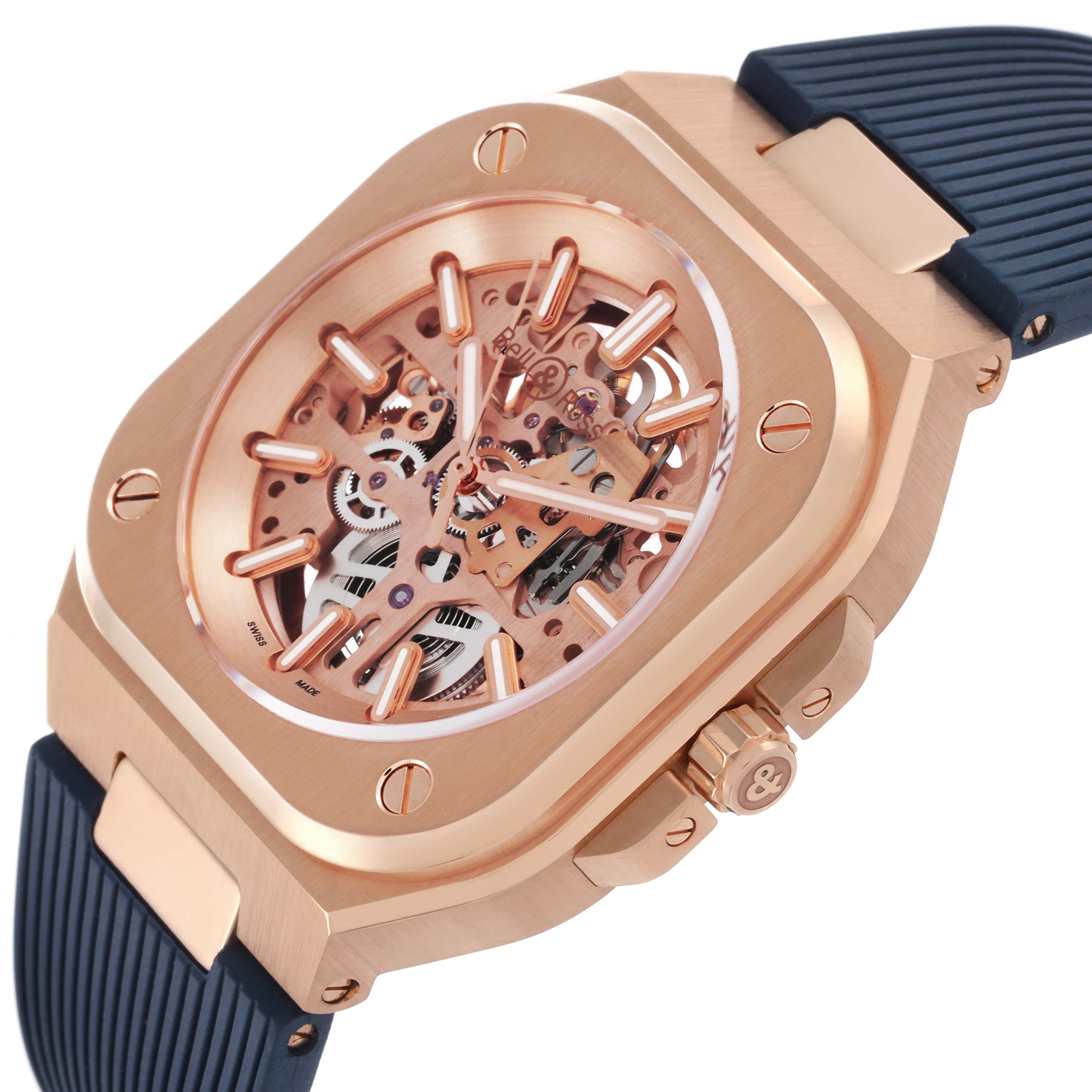 The Bell 
Ross Urban BR05A-PG-SK-PG/SRB Men
s Rose Gold Transparent Dial BR05A-PG-SK-PG/SRB Men
s Rose Gold Transparent Dial watch is shown from a diagonal angle, highlighting its skeleton dial and rose gold case.