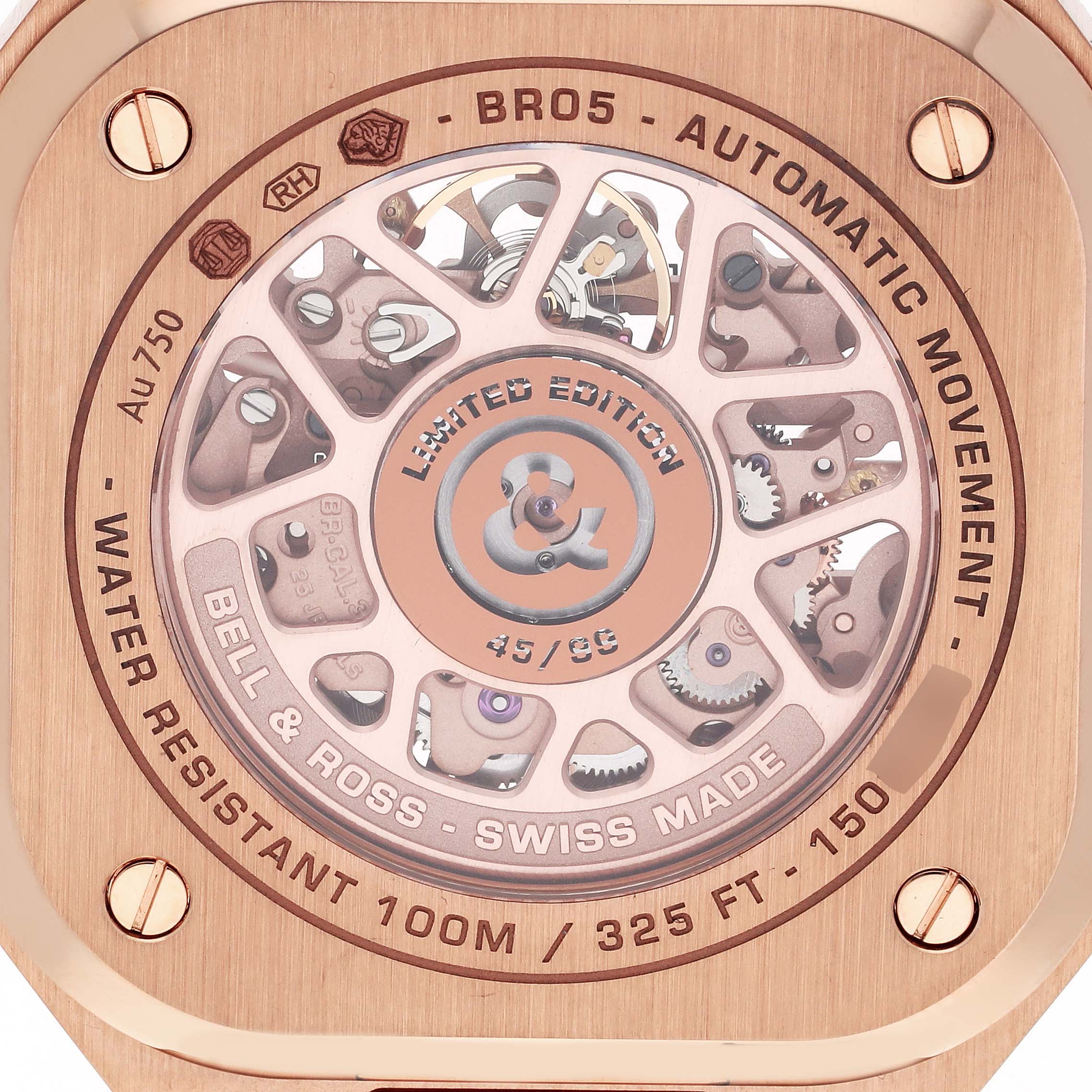 The image shows the back of the Bell 
Ross Urban BR05A-PG-SK-PG/SRB Men
s Rose Gold Transparent Dial BR05A-PG-SK-PG/SRB Men
s Rose Gold Transparent Dial model BR05, displaying its automatic movement and limited edition details.