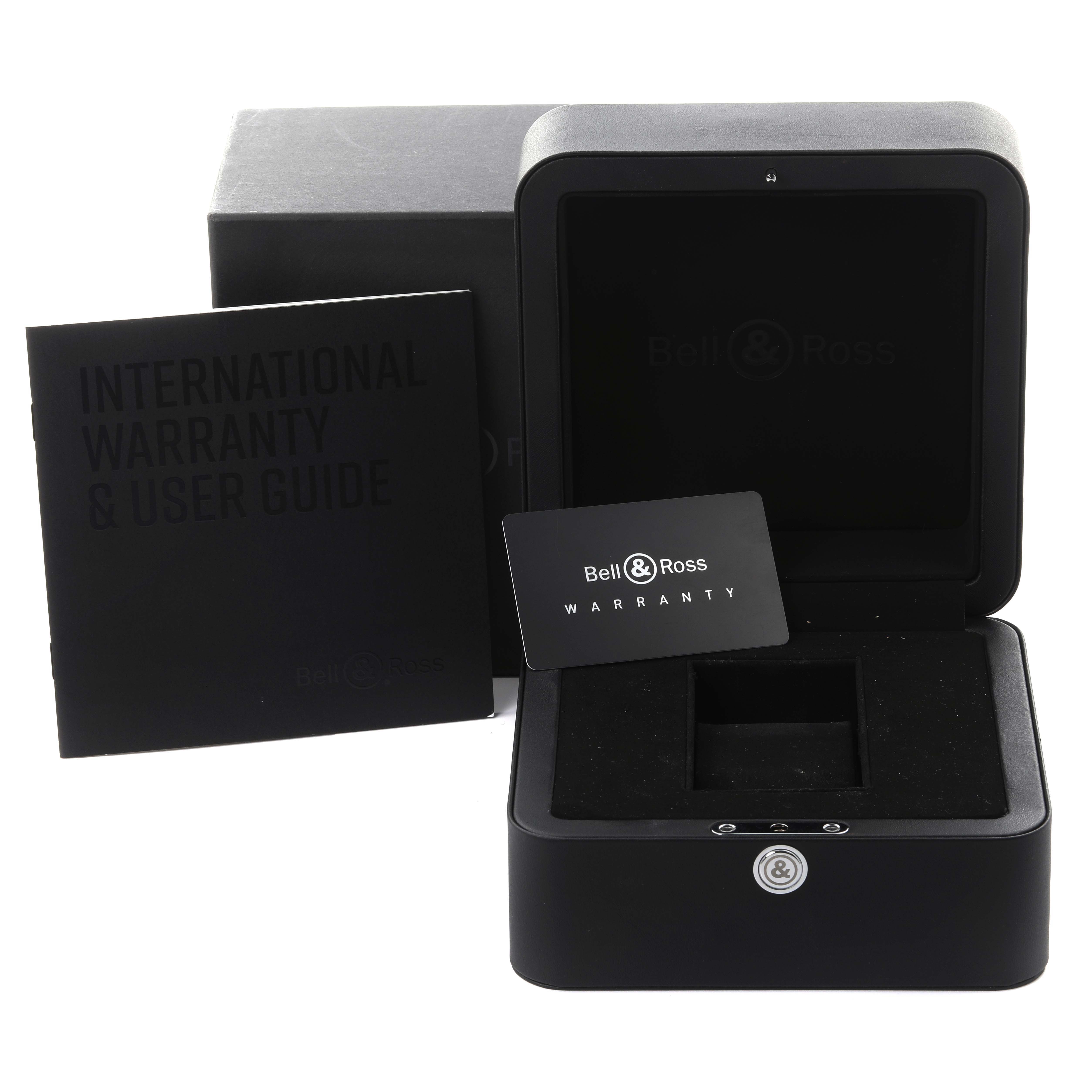 The image shows an open watch box for the Bell 
Ross Urban BR05A-PG-SK-PG/SRB Men
s Rose Gold Transparent Dial BR05A-PG-SK-PG/SRB Men
s Rose Gold Transparent Dial model, along with warranty and user guide documents.