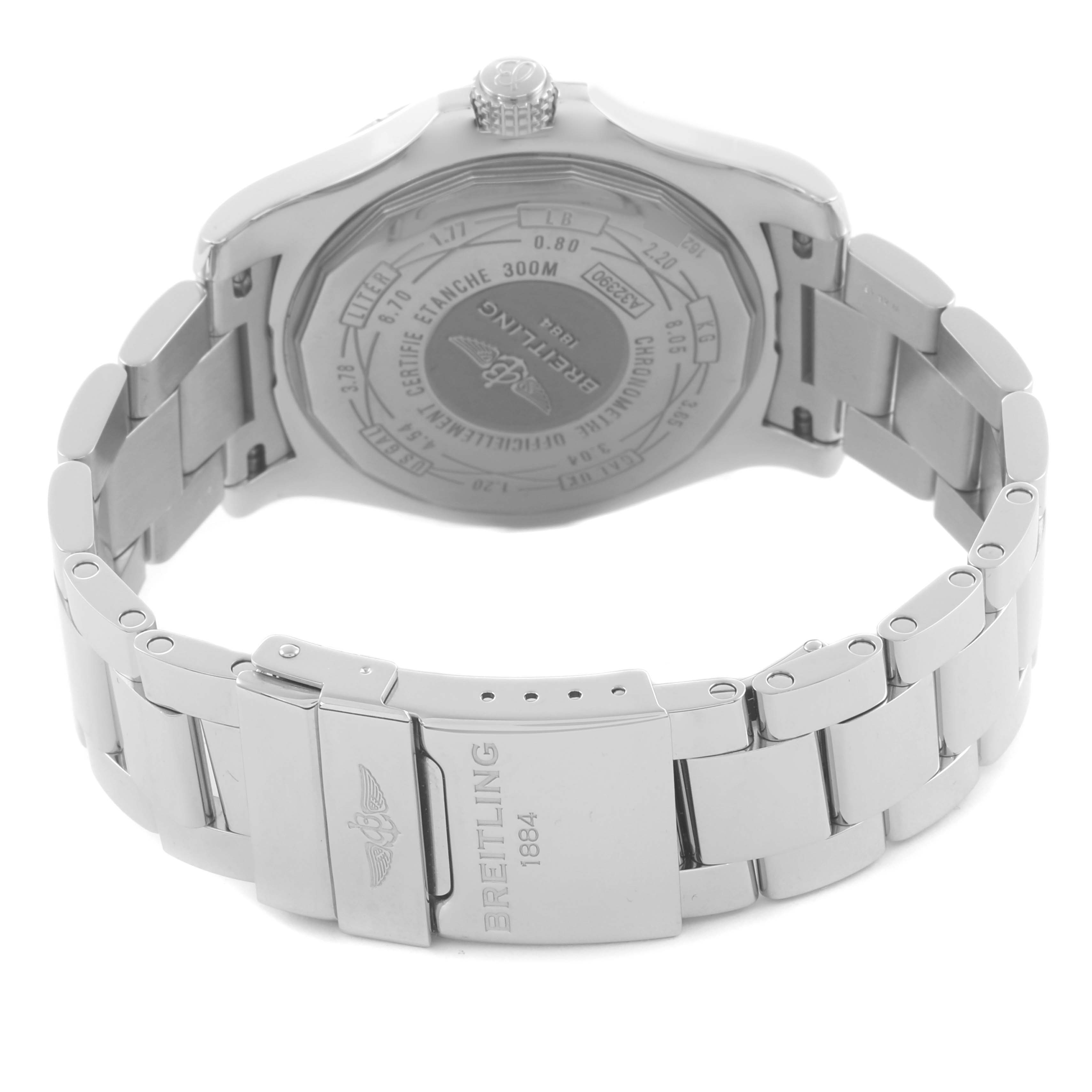The image shows the back case and bracelet of a Breitling Avenger A32390 Men's Stainless Steel White Dial A32390 Men's Stainless Steel White Dial watch from a rear angle.