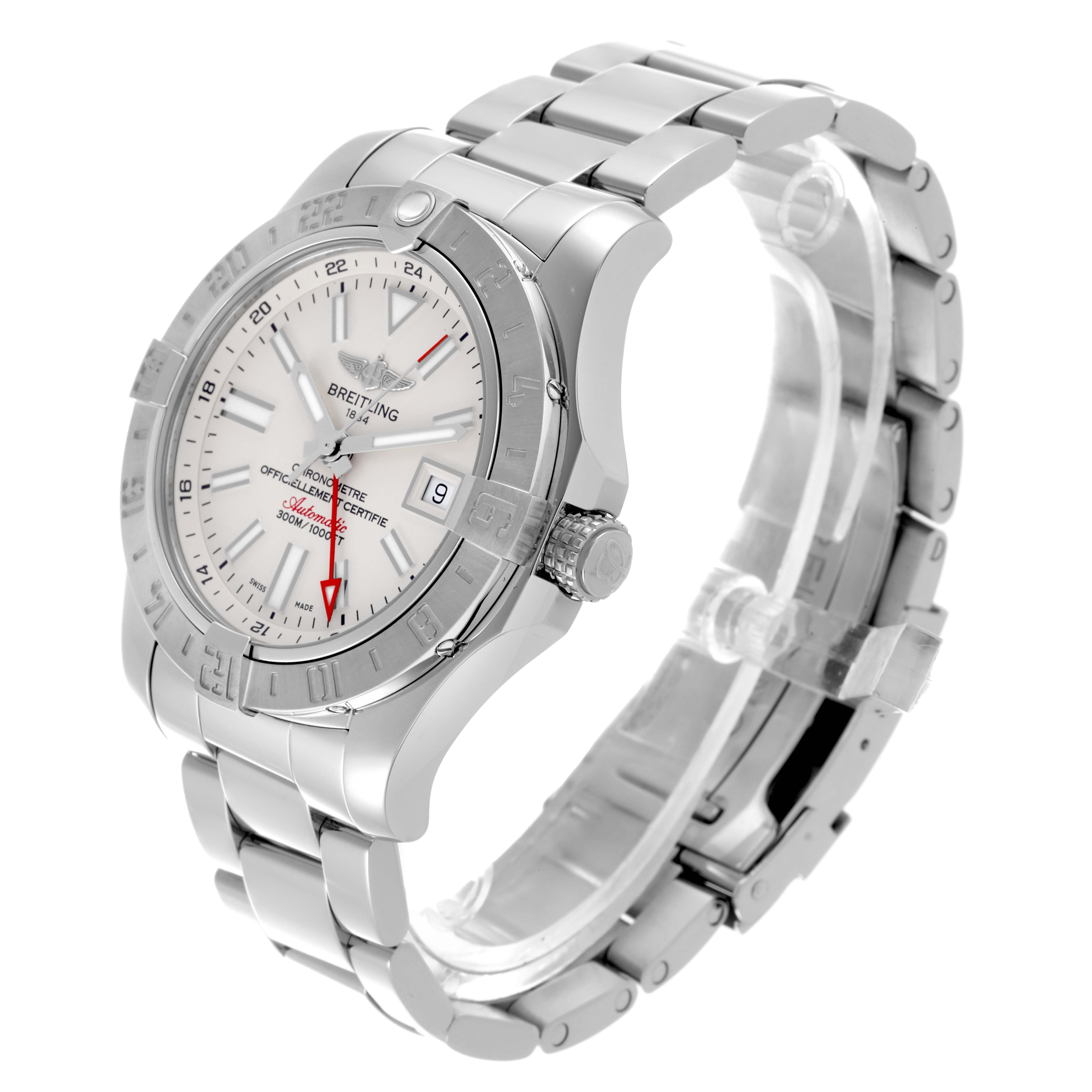 The Breitling Avenger A32390 Men's Stainless Steel White Dial A32390 Men's Stainless Steel White Dial watch is shown at a slight angle, displaying the face, bezel, crown, and metal bracelet.