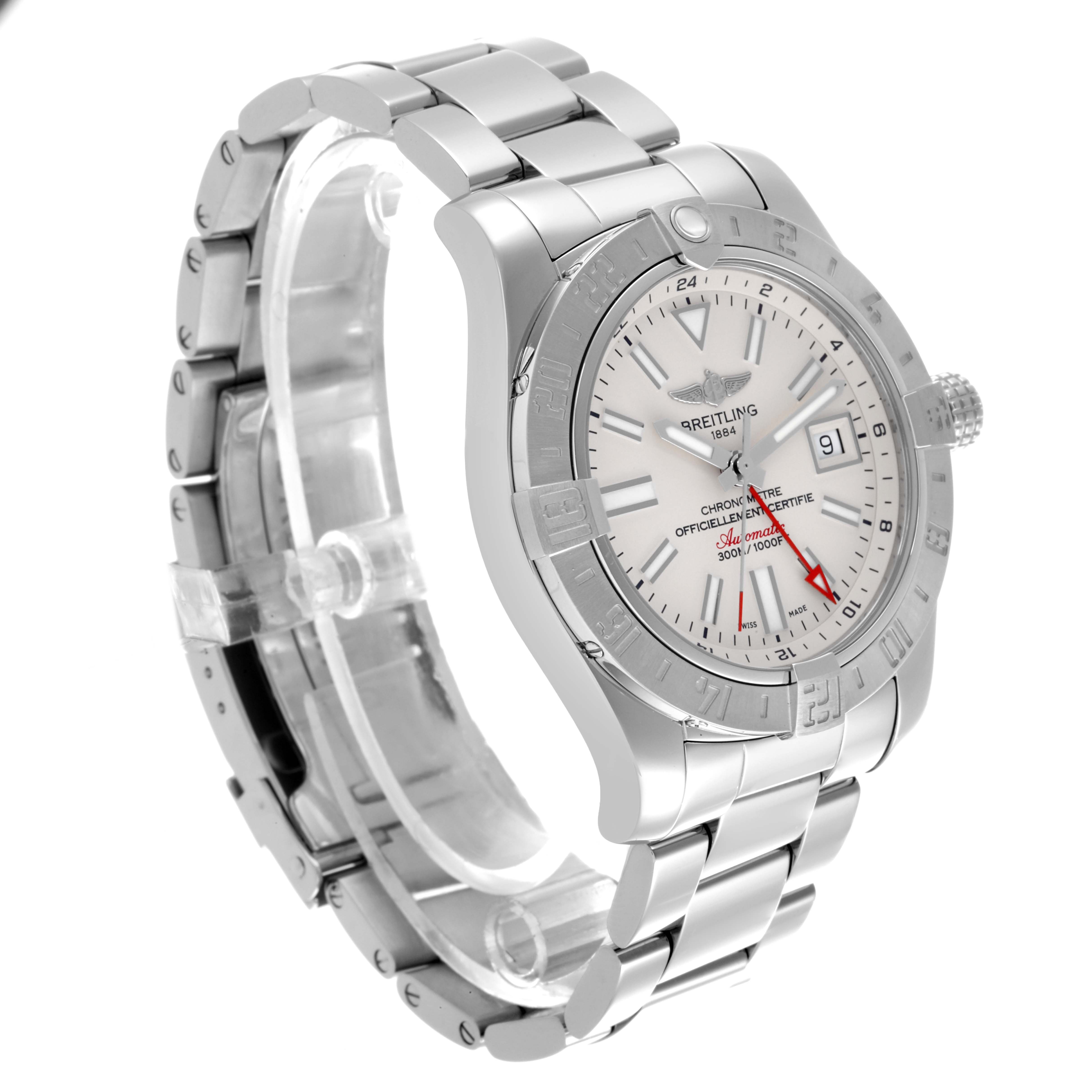 The Breitling Avenger A32390 Men's Stainless Steel White Dial A32390 Men's Stainless Steel White Dial watch is shown from a side angle highlighting the face, bezel, and stainless steel bracelet.