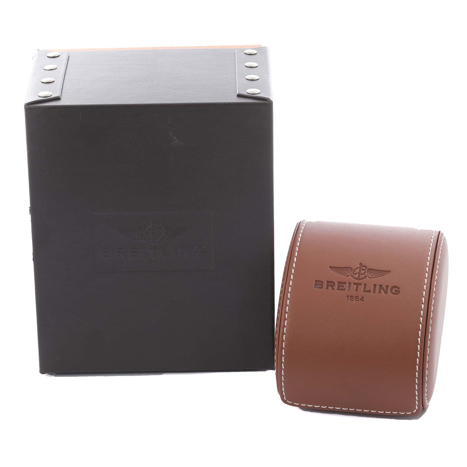 The image shows the box and leather case for a Breitling Avenger A32390 Men's Stainless Steel White Dial A32390 Men's Stainless Steel White Dial watch, highlighting packaging details.