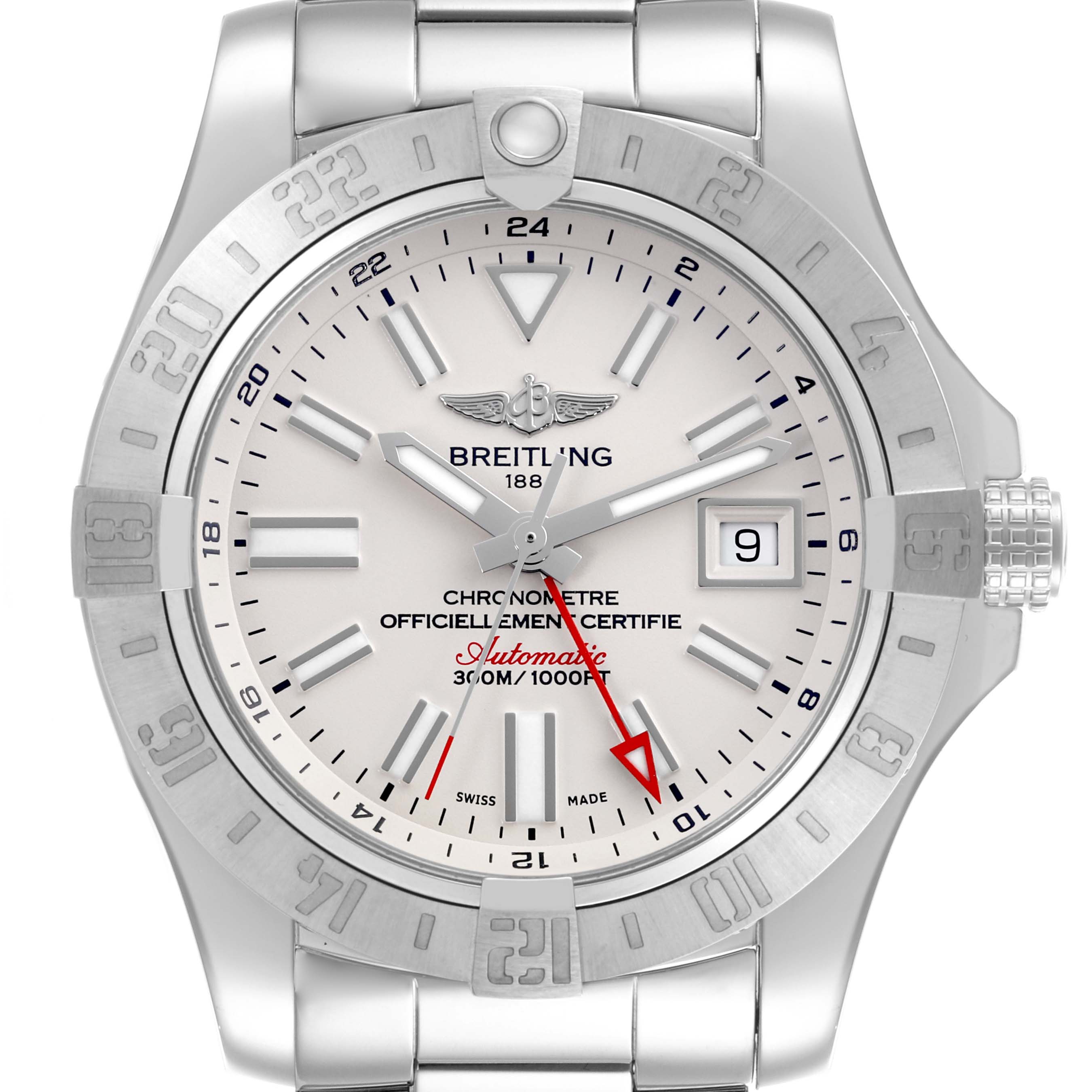 The Breitling Avenger A32390 Men's Stainless Steel White Dial A32390 Men's Stainless Steel White Dial watch is shown from the front, displaying the face, bezel, date window, and part of the bracelet.