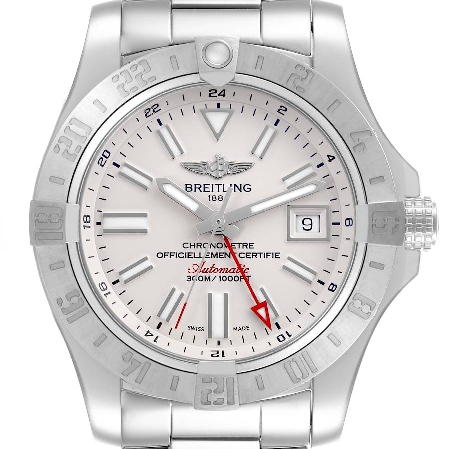 The Breitling Avenger watch is shown from the front, displaying the face, bezel, date window, and part of the bracelet.