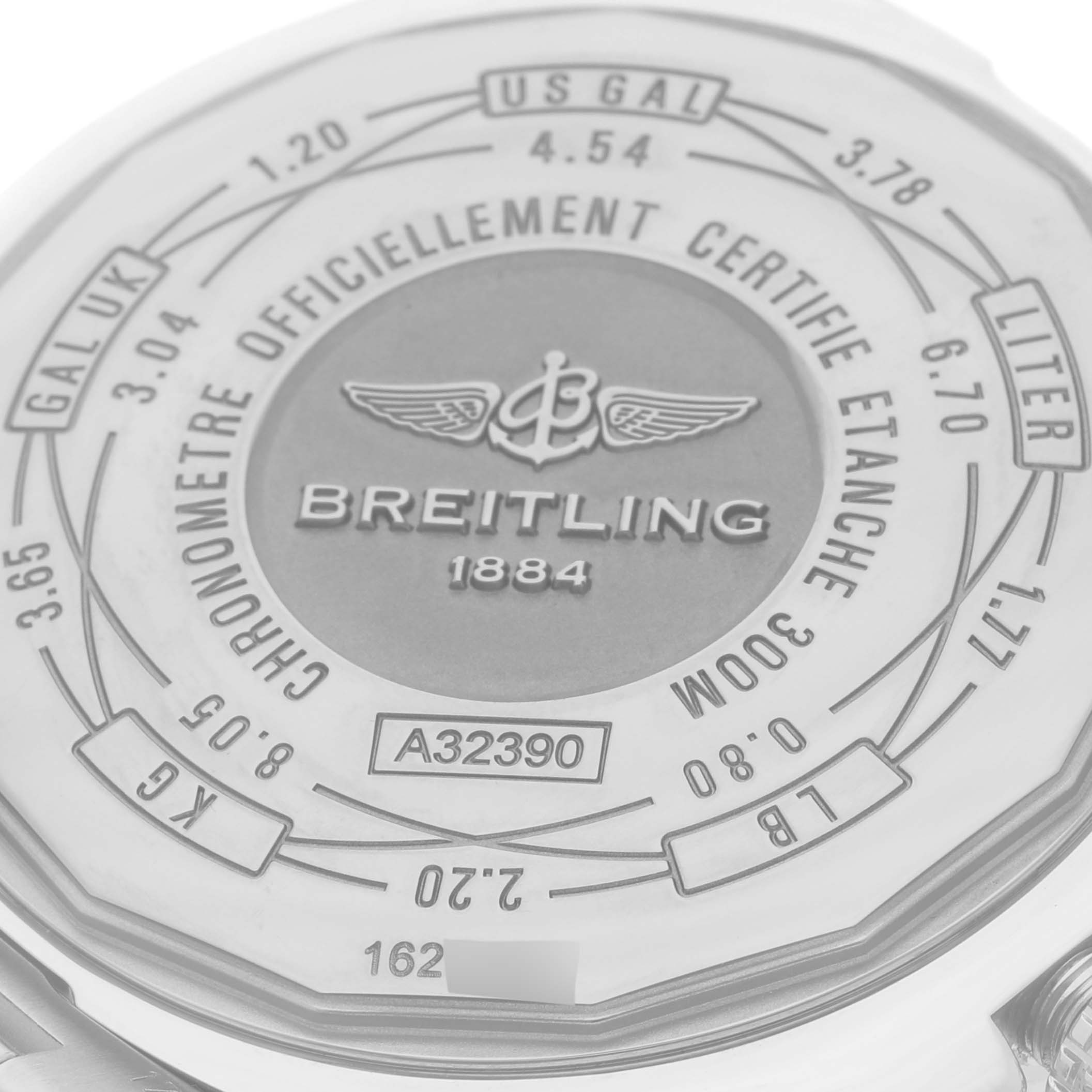 The image shows the case back of the Breitling Avenger A32390 Men's Stainless Steel White Dial A32390 Men's Stainless Steel White Dial with engravings and specifications.