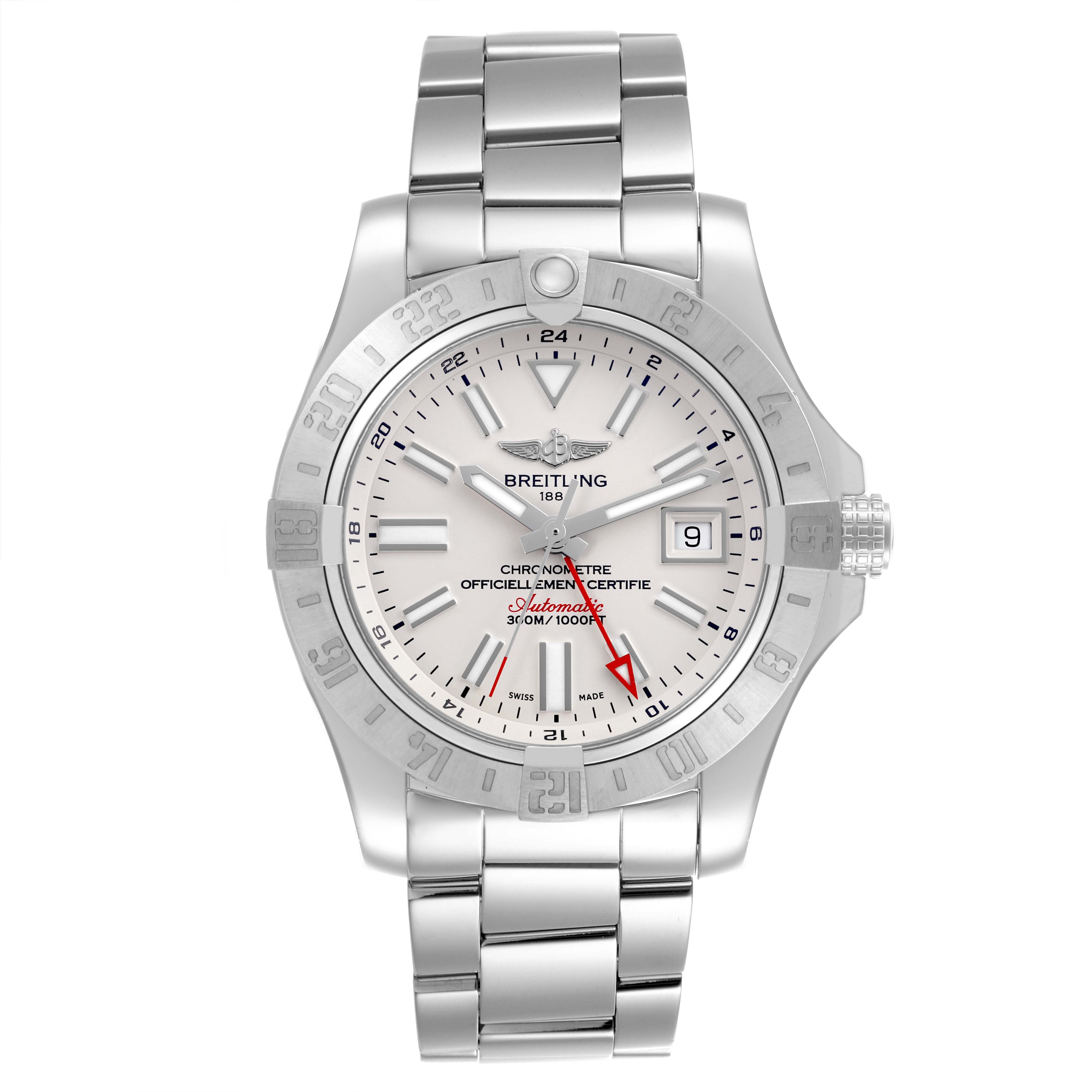 The image shows a front view of the Breitling Avenger A32390 Men's Stainless Steel White Dial A32390 Men's Stainless Steel White Dial watch, highlighting its dial, bezel, crown, and metal bracelet.