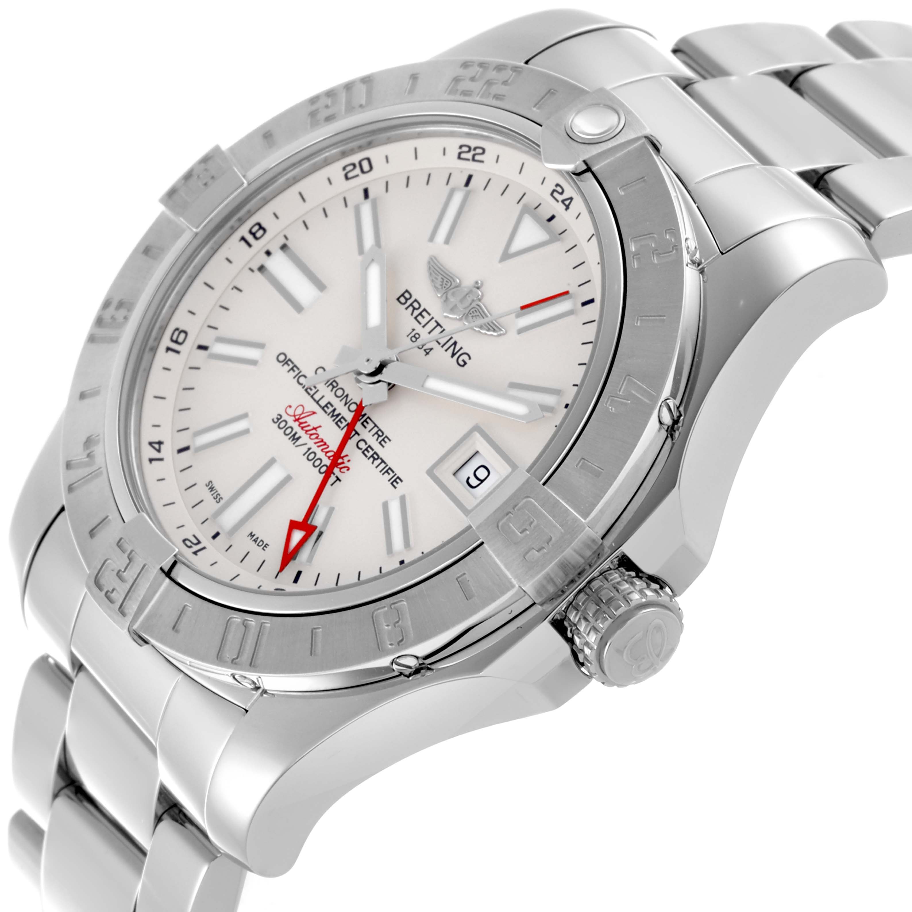 The Breitling Avenger A32390 Men's Stainless Steel White Dial A32390 Men's Stainless Steel White Dial watch is shown at a side angle, highlighting the bezel, dial, crown, and bracelet.