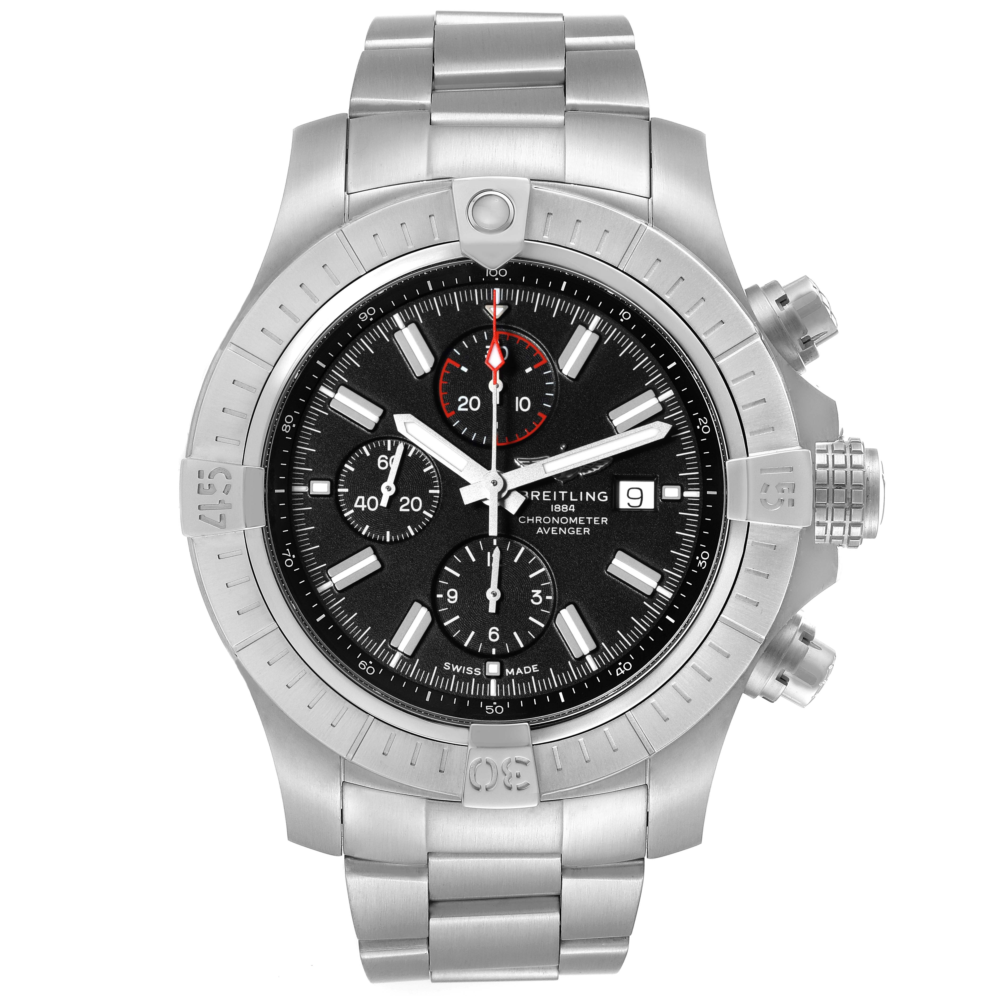 The image shows a front view of the Breitling Avenger A13375 Men's Stainless Steel Black Dial A13375 Men's Stainless Steel Black Dial watch, highlighting its dial, bezel, and bracelet.