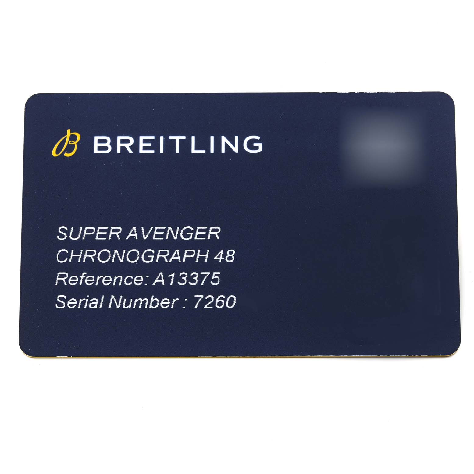 The image shows an identification card for the Breitling Super Avenger Chronograph 48 model, displaying reference and serial numbers.