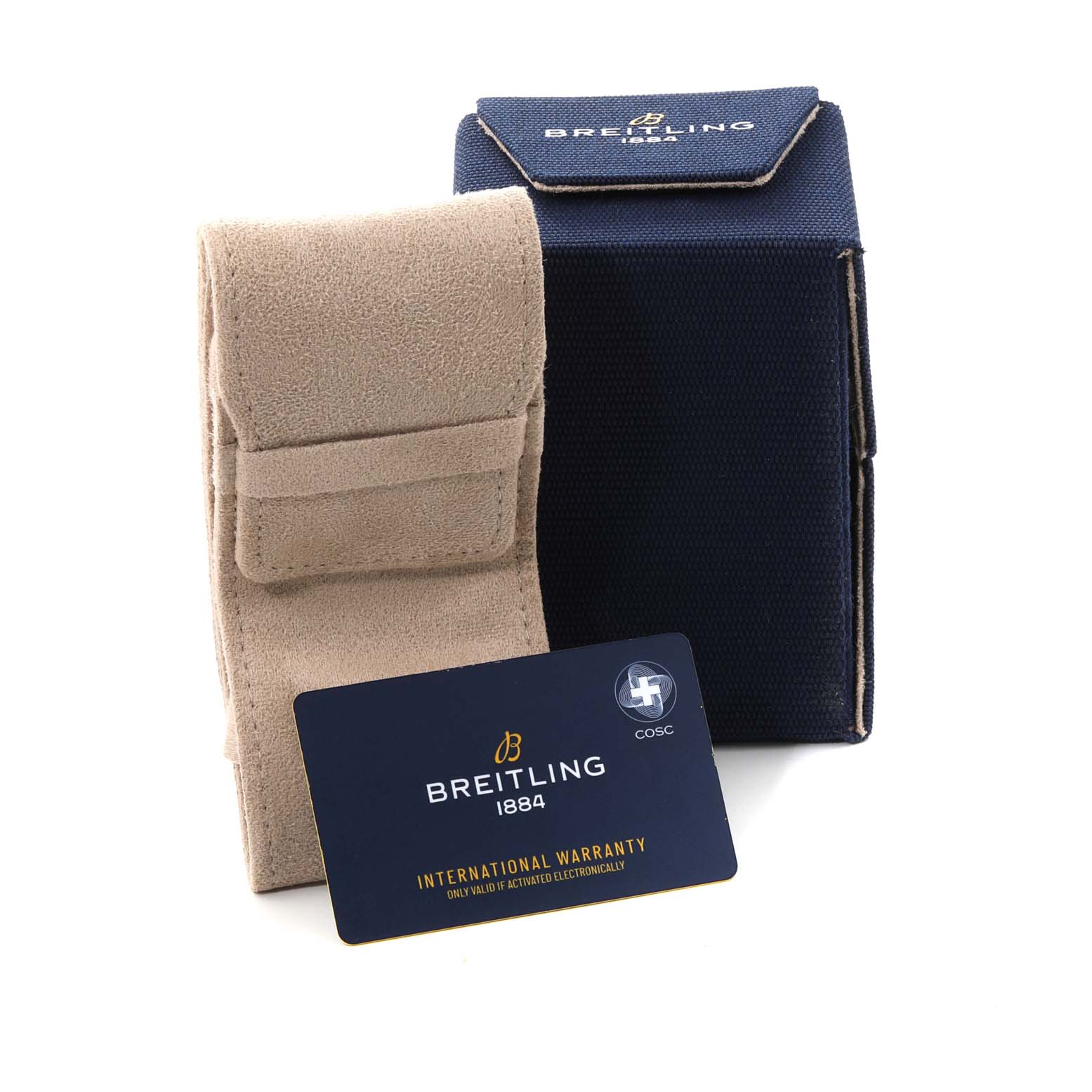 The image shows the packaging, a beige pouch, a navy blue box, and an international warranty card for a Breitling Avenger A13375 Men's Stainless Steel Black Dial A13375 Men's Stainless Steel Black Dial watch.