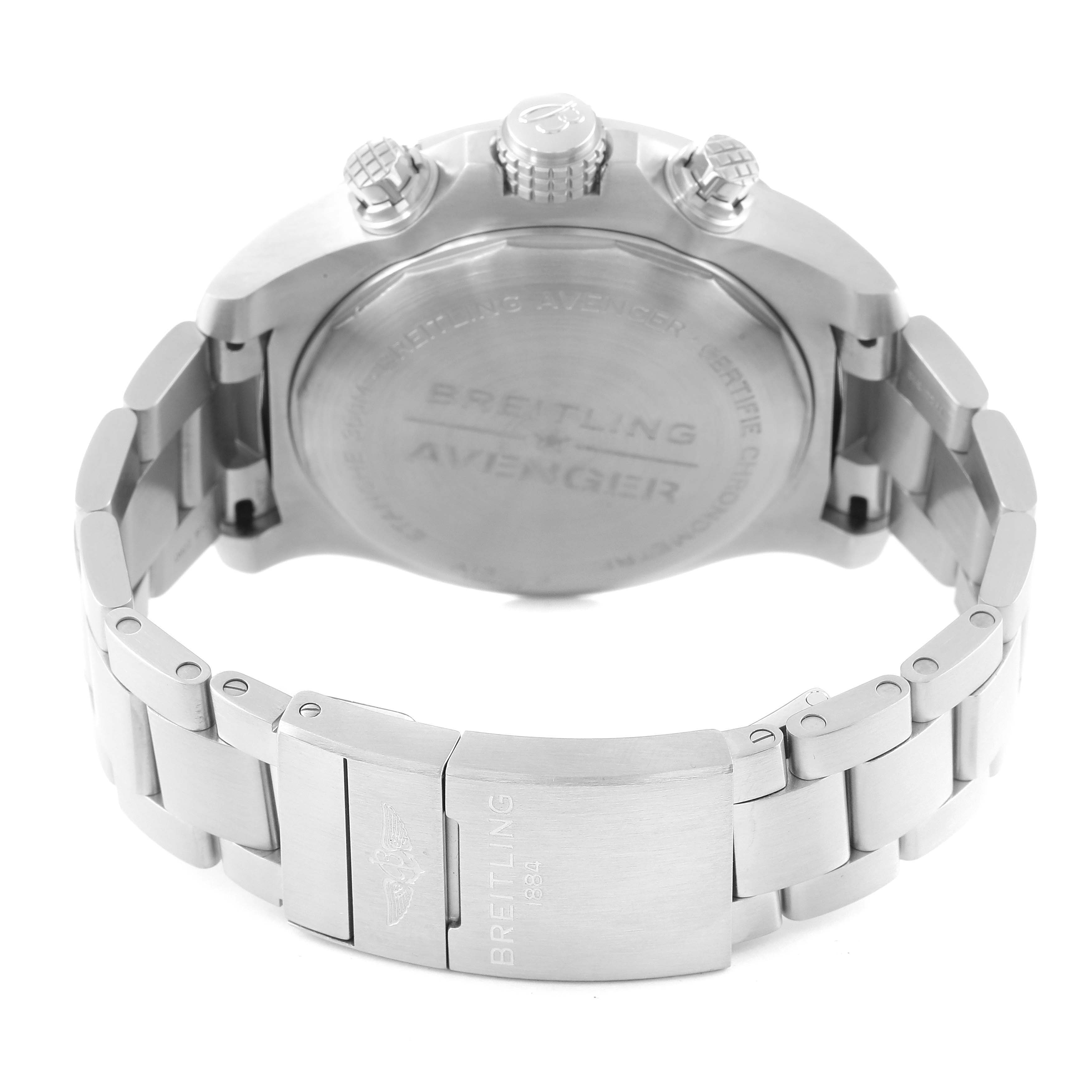 This image shows the back view of a Breitling Avenger A13375 Men's Stainless Steel Black Dial A13375 Men's Stainless Steel Black Dial watch, highlighting its case back, crown, pushers, and metal bracelet.