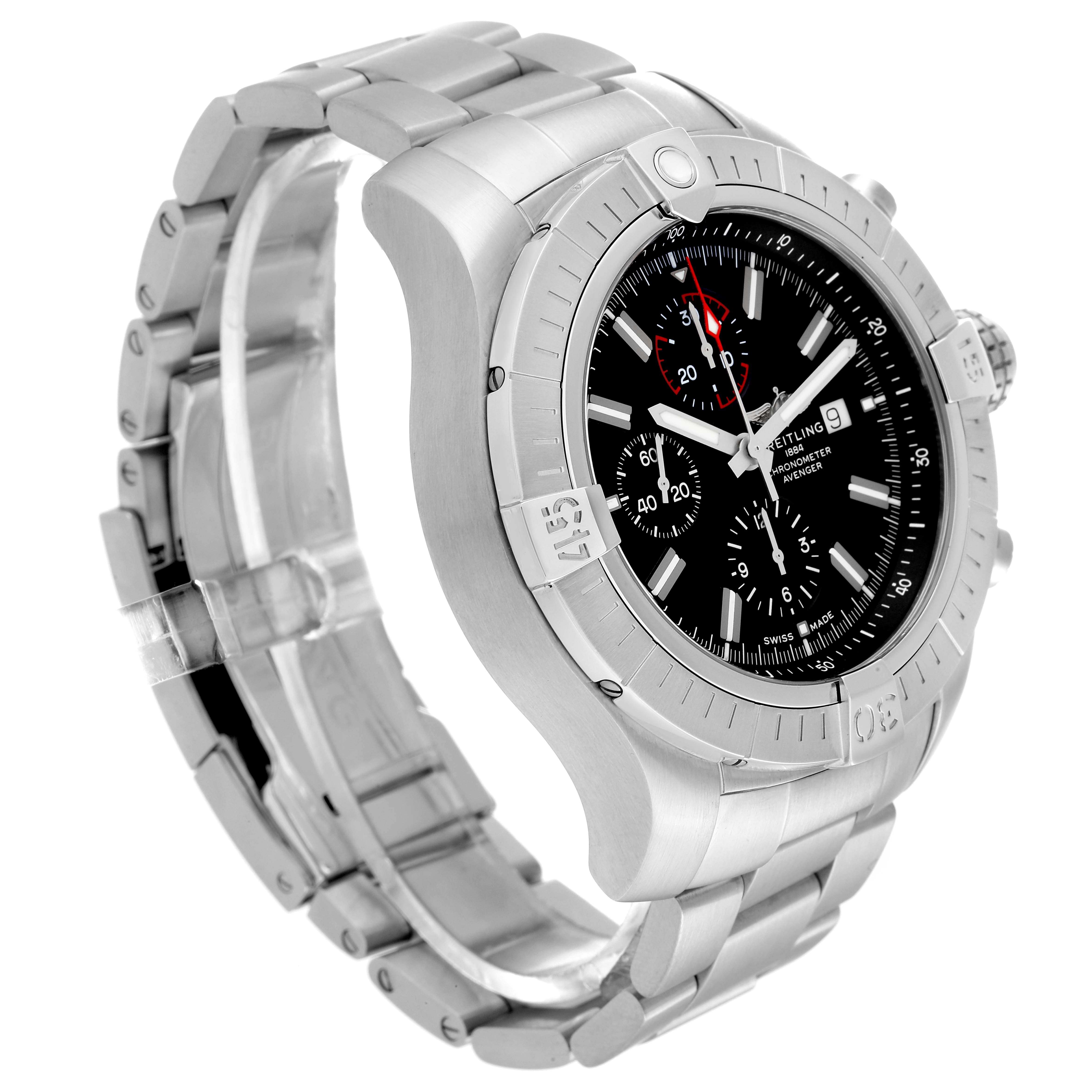 The image shows a side and angled view of a Breitling Avenger A13375 Men's Stainless Steel Black Dial A13375 Men's Stainless Steel Black Dial watch, highlighting its stainless steel case, bracelet, and black dial.