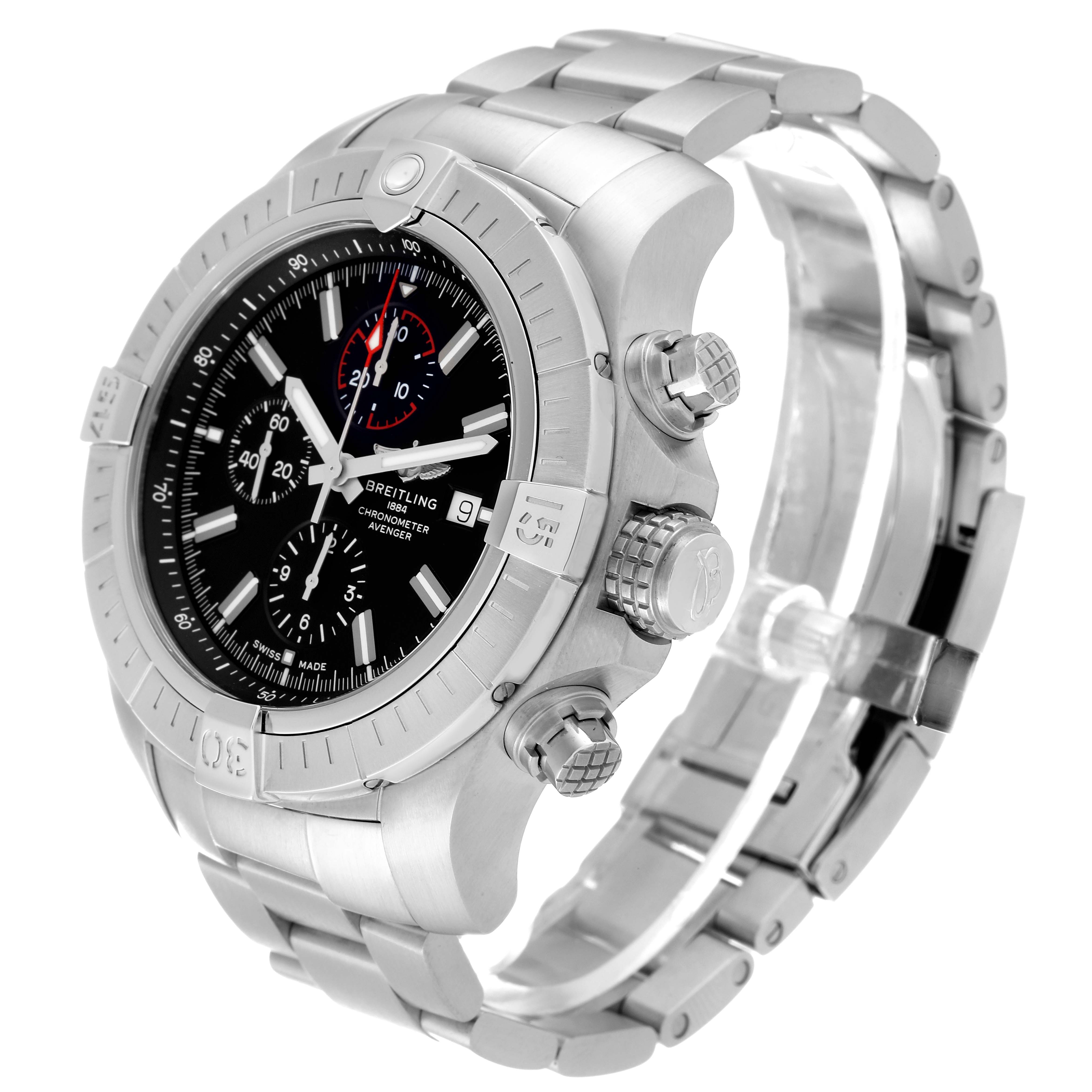 The image shows a Breitling Avenger A13375 Men's Stainless Steel Black Dial A13375 Men's Stainless Steel Black Dial watch angled from the right, displaying the crown, chronograph pushers, dial, and bracelet.