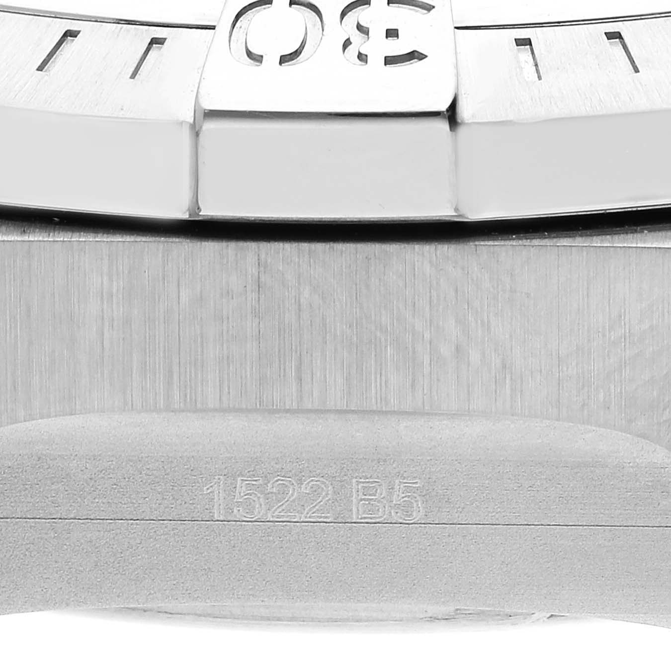 Close-up of the bezel and case side of a Breitling Avenger A13375 Men's Stainless Steel Black Dial A13375 Men's Stainless Steel Black Dial watch, showing the engraving and part of the rotating bezel.