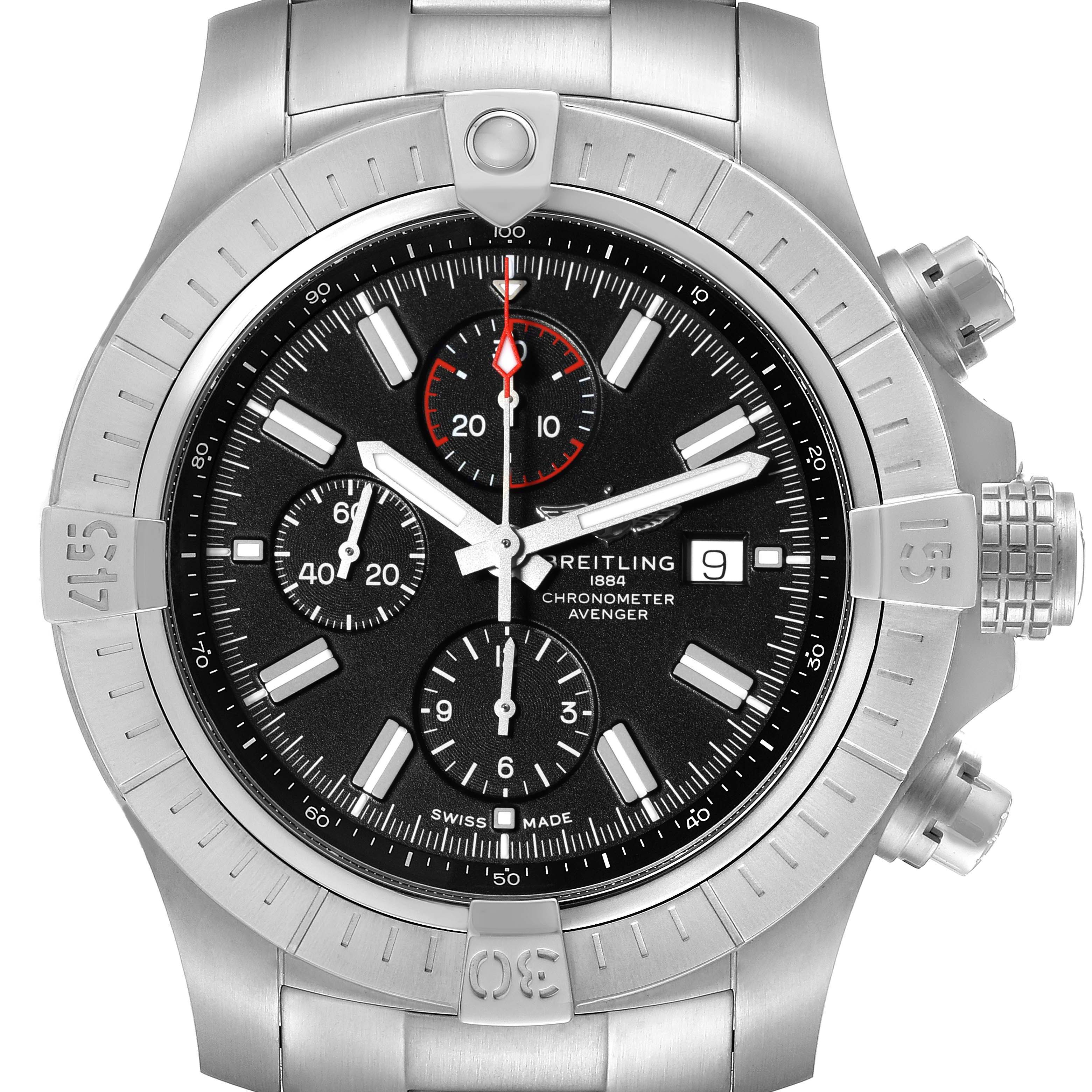 The image shows a front view of the Breitling Avenger A13375 Men's Stainless Steel Black Dial A13375 Men's Stainless Steel Black Dial watch, highlighting the bezel, chronograph sub-dials, and date window.