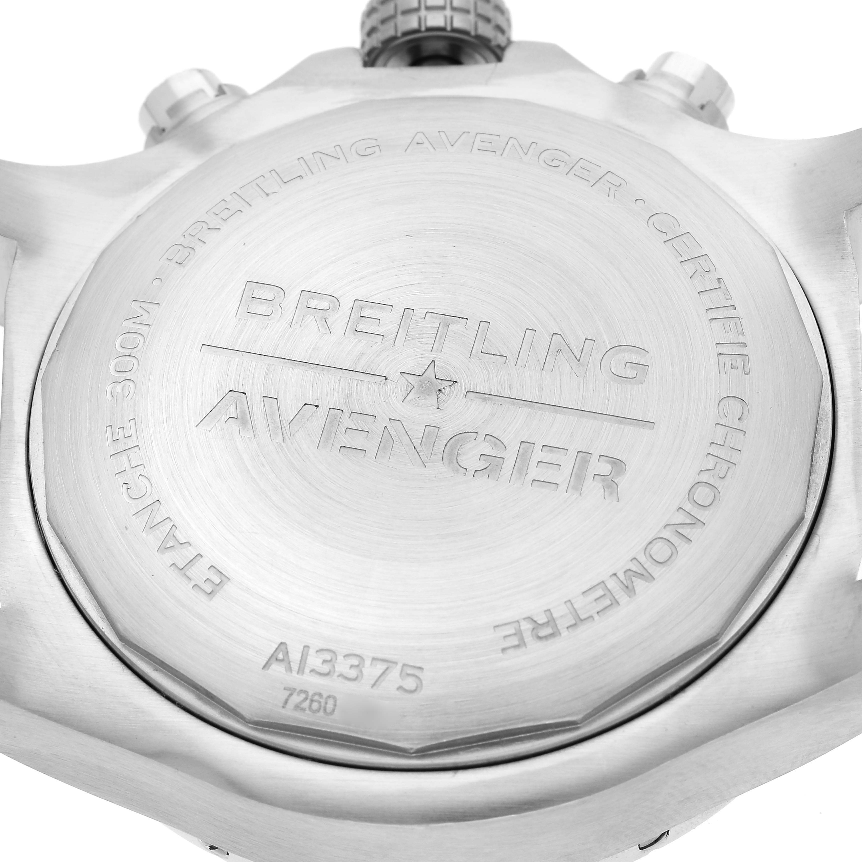 The image shows the case back of a Breitling Avenger A13375 Men's Stainless Steel Black Dial A13375 Men's Stainless Steel Black Dial watch from a straight-on angle.
